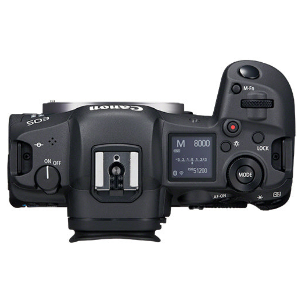 Vista superior de una cámara Canon EOS negra con pantalla LCD, zapata, diales y botones.