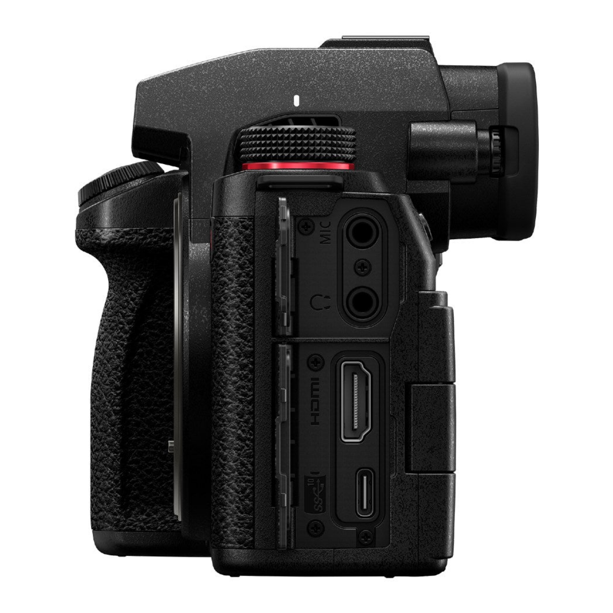 Vista laterale di una fotocamera nera con porte microfono, cuffie, HDMI e USB-C.