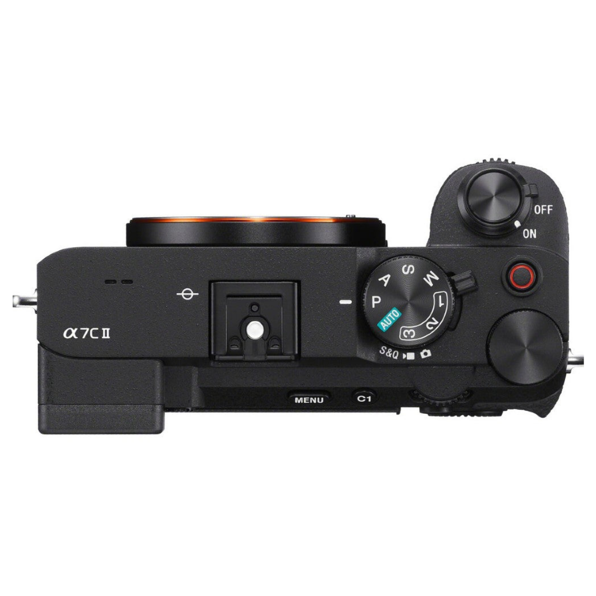 Vista superior de una cámara negra Sony A7C II mostrando el dial de modos, zapata y disparador.