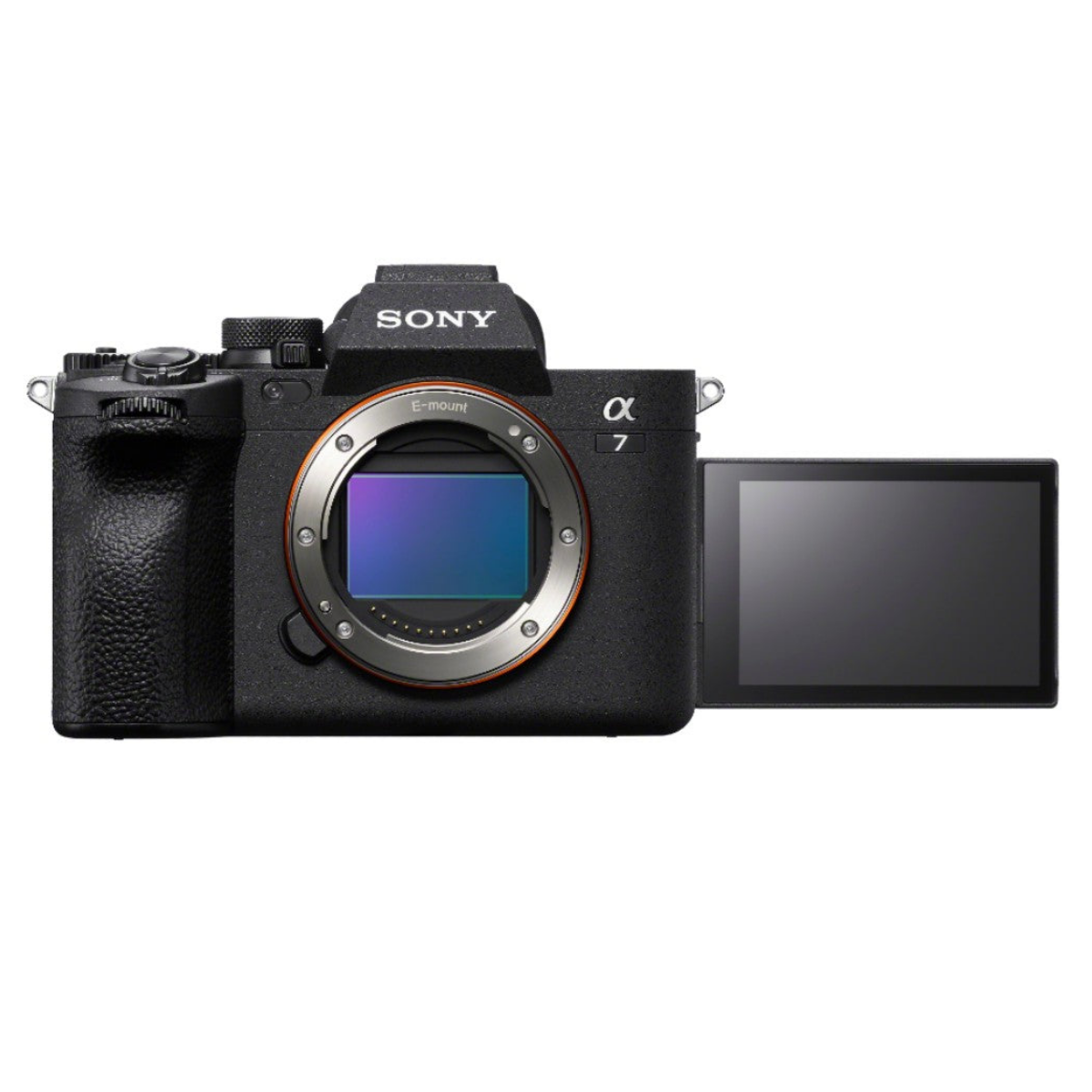 Cámara negra Sony Alpha 7 con pantalla LCD abierta y montura E sobre fondo blanco.