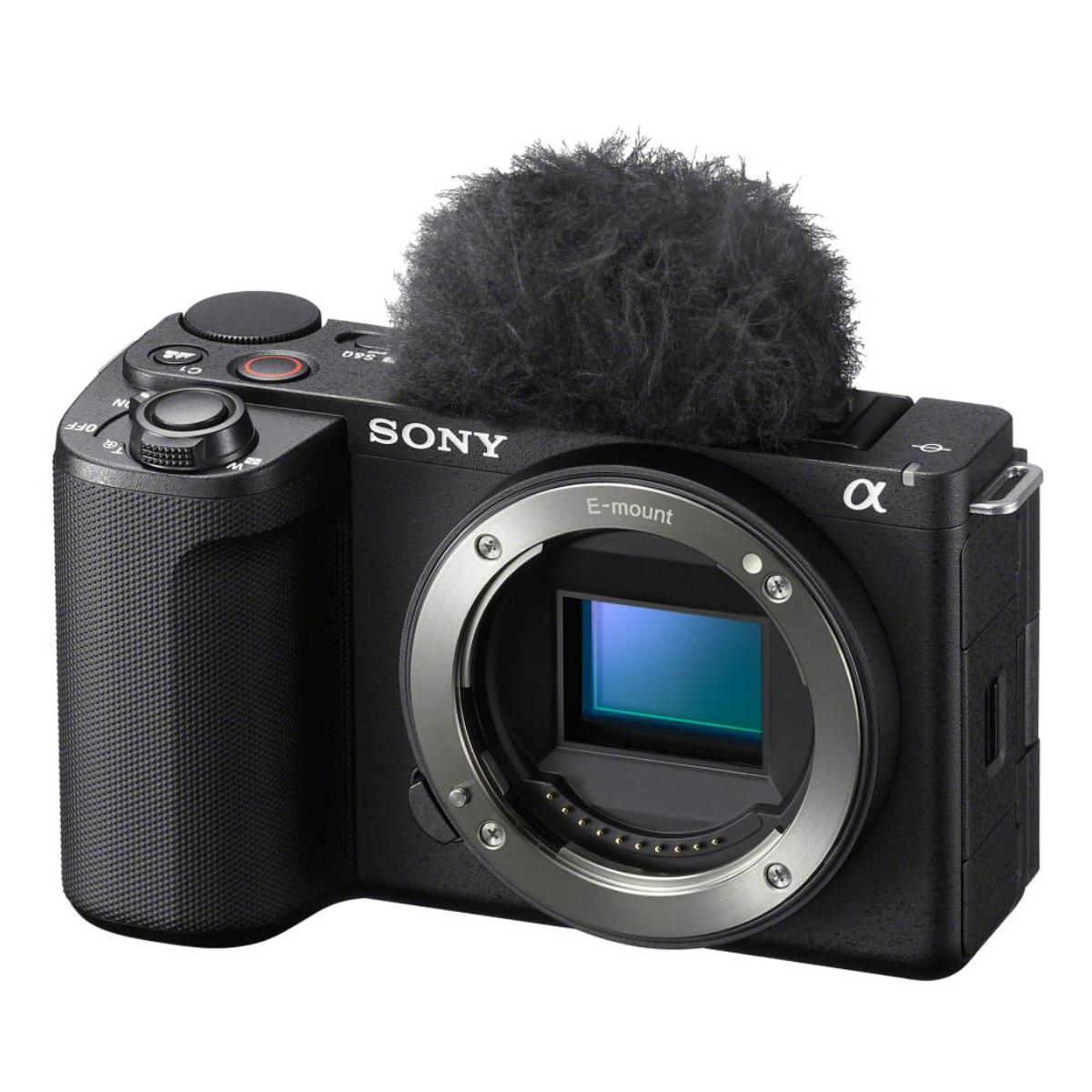 Cámara Sony Alpha negra con montura E y protector de viento peludo en la zapata.