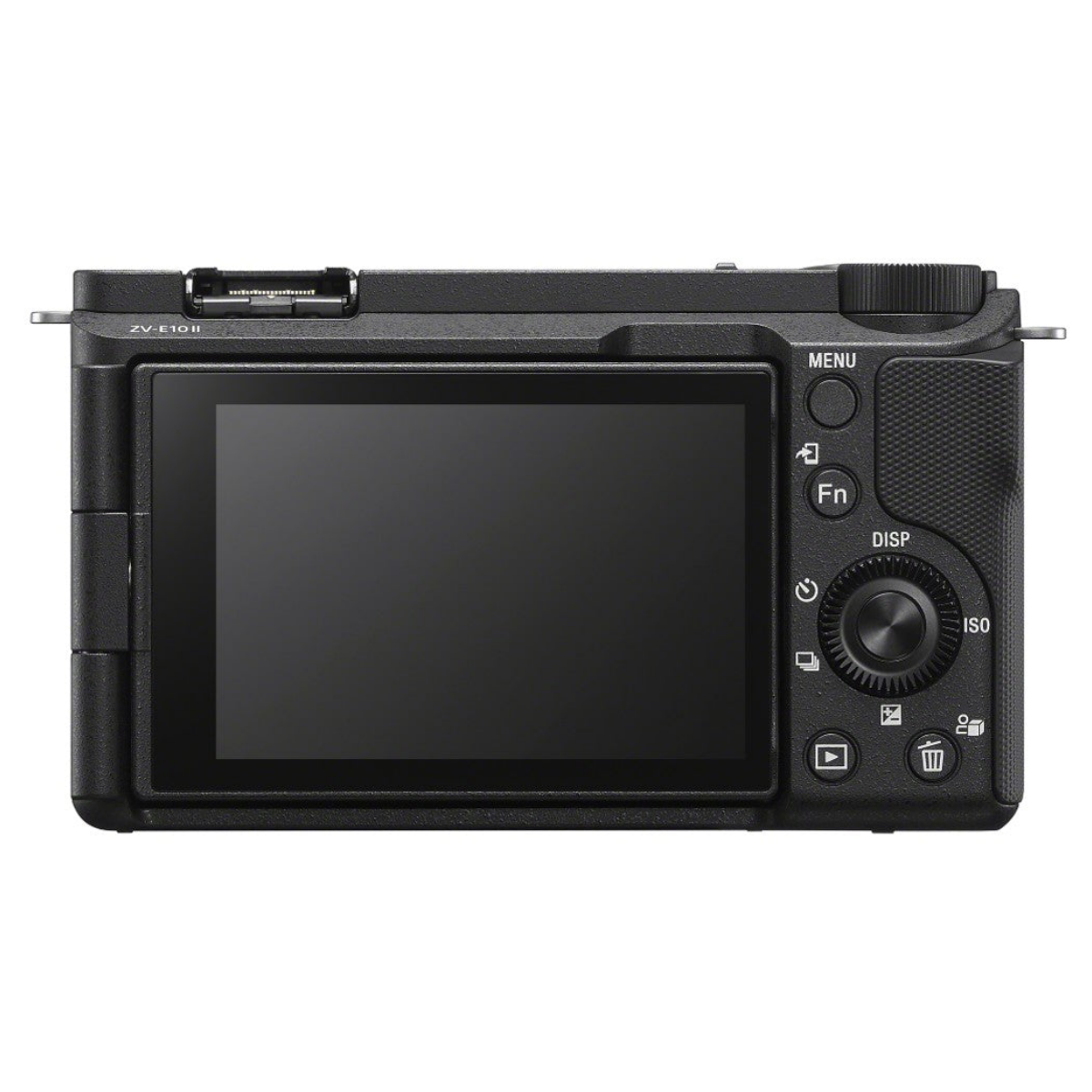 Vista trasera de una cámara negra Sony ZV-E10 II con pantalla y botones de control.