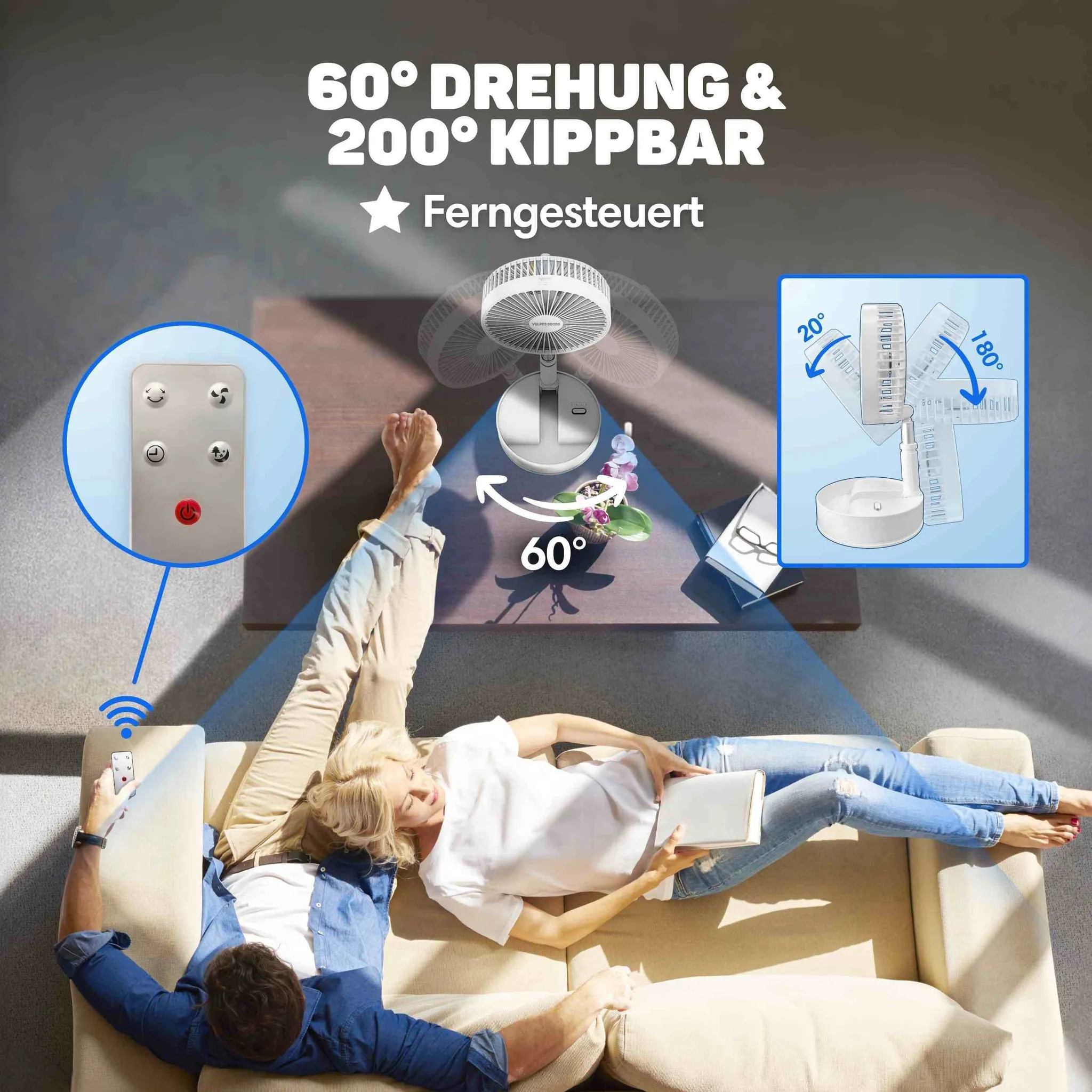Ein Paar entspannt auf einer Couch mit einem weißen Tischventilator, der ferngesteuert schwenkbar ist.