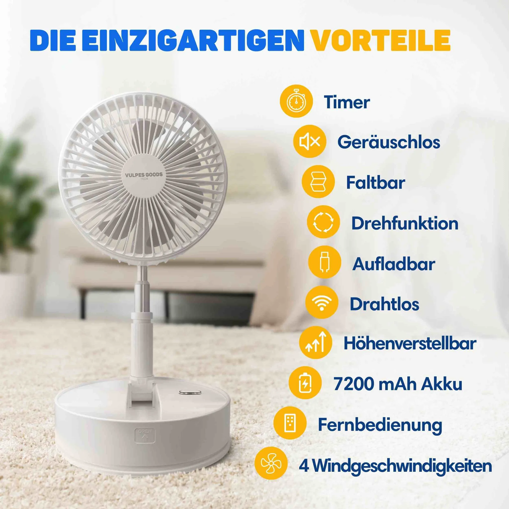 Ein weißer, faltbarer Standventilator auf einem Teppich, mit einer Liste von Produktvorteilen rechts.