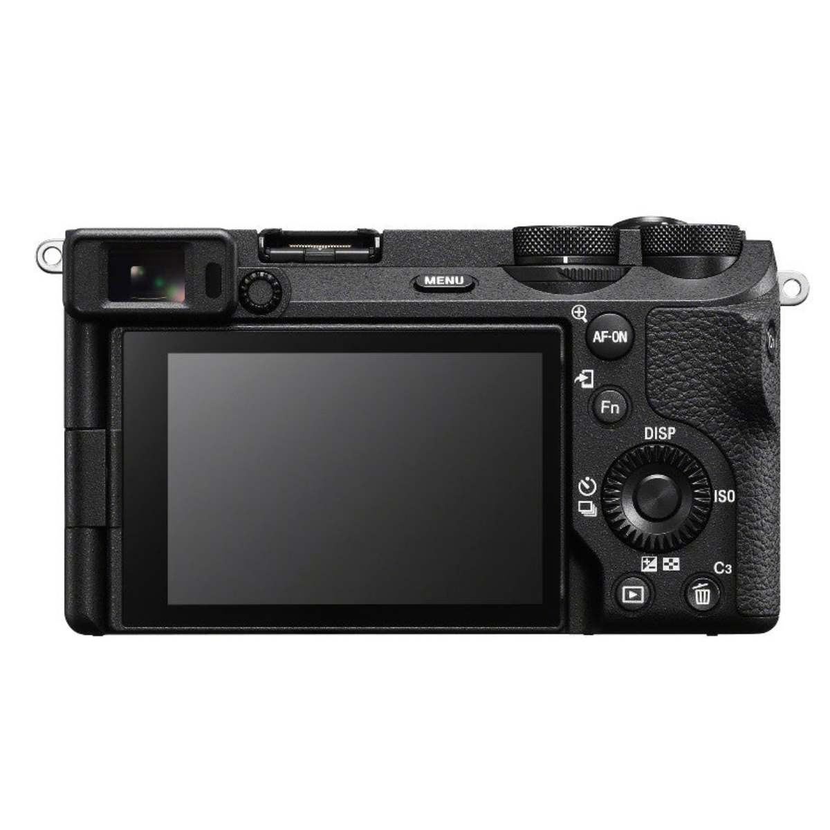 Vista trasera de una cámara digital negra con pantalla LCD y varios botones de control.