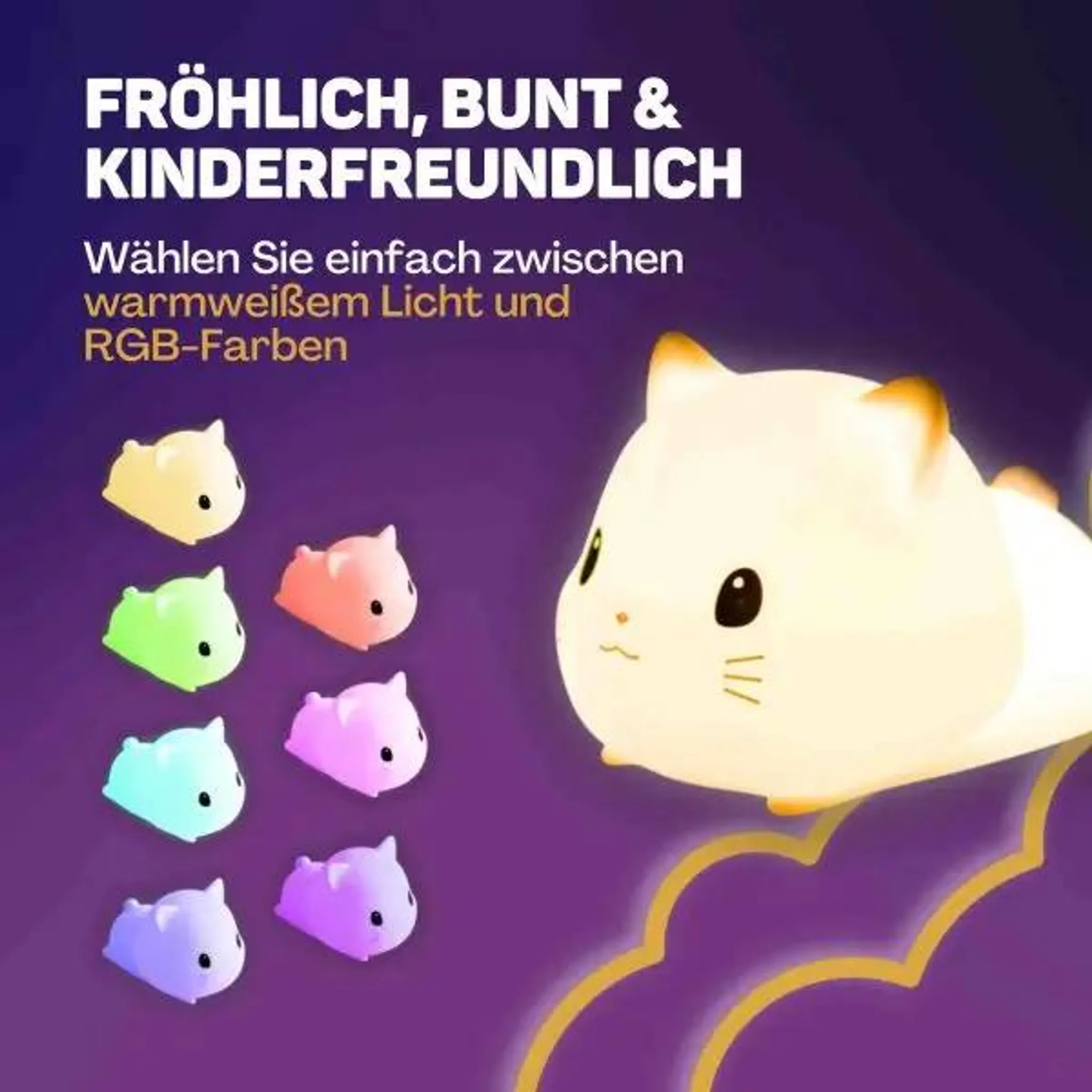 Ein großes, warmweißes Katzen-Nachtlicht und sieben kleinere Katzenlampen in verschiedenen Pastellfarben auf violettem Hintergrund.