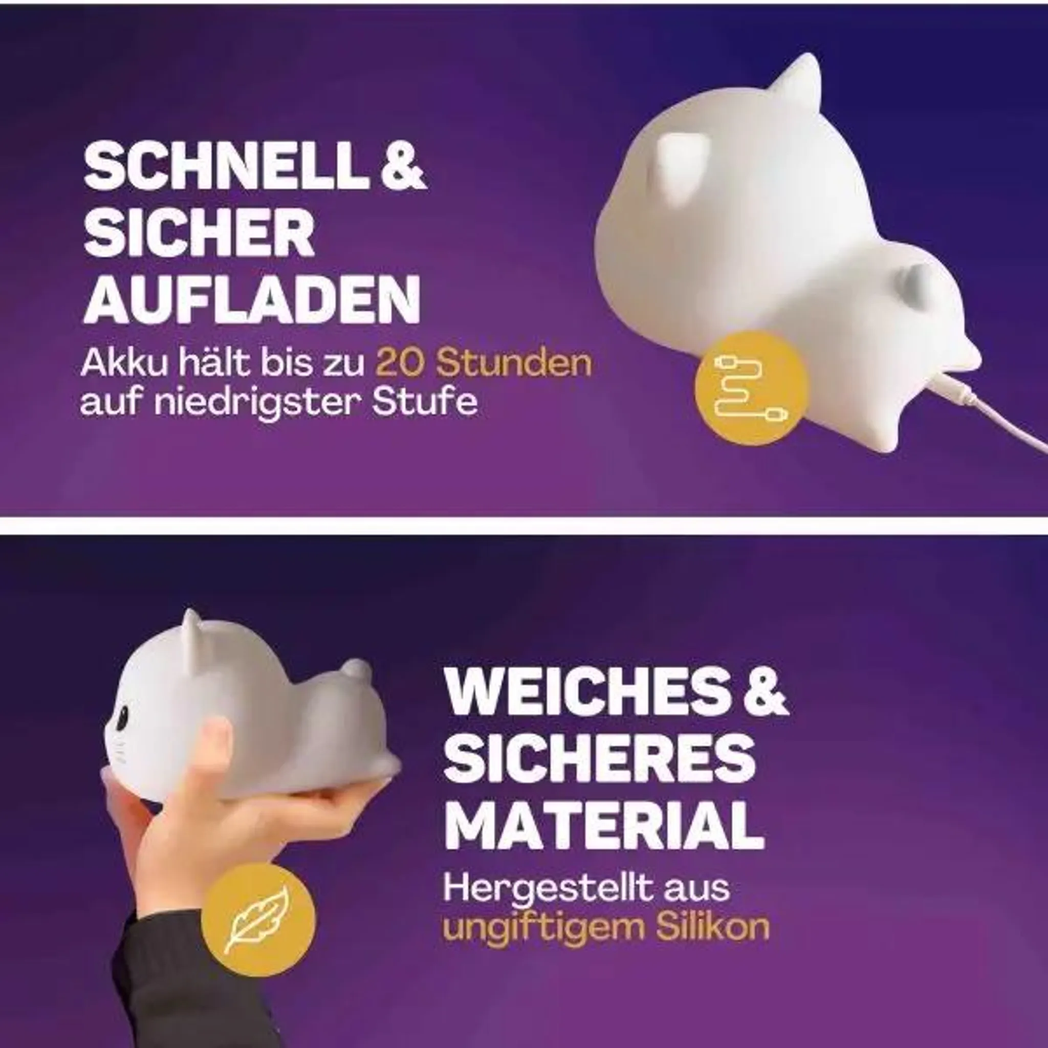 Eine weiße Katzenlampe lädt mit Kabel auf und wird weich in einer Hand gehalten, auf lila Hintergrund mit Text.