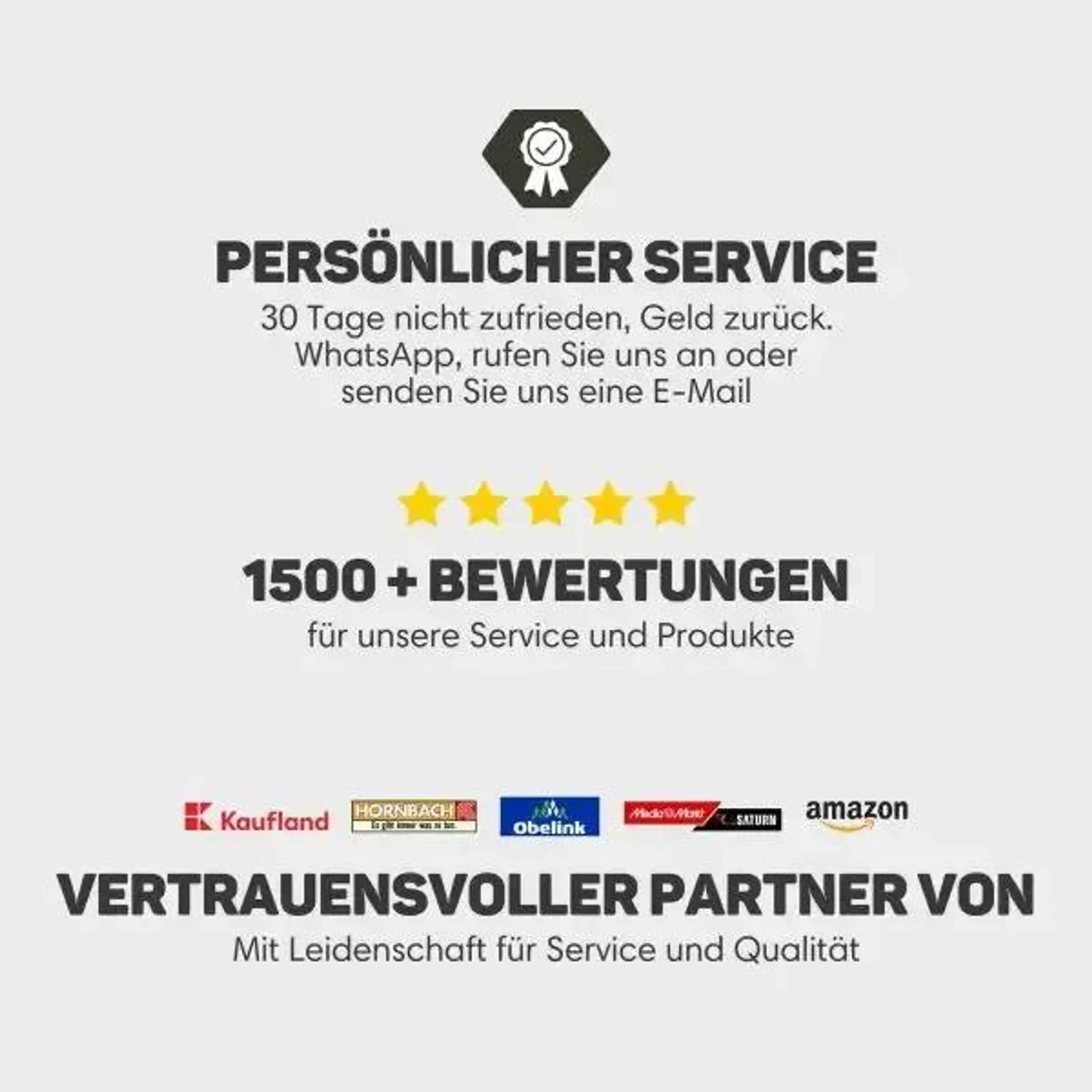 Banner mit Text zu persönlichem Service, 5 gelben Sternen und Partnerlogos unten.