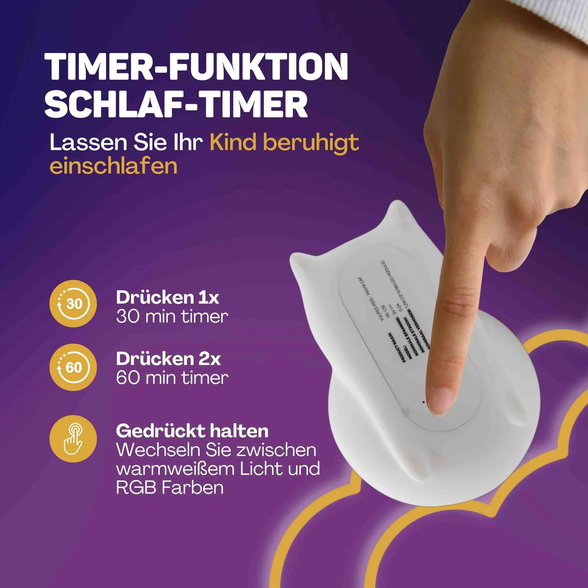 Hand drückt auf ein weißes Nachtlicht mit Timer-Funktion und Erklärungen auf Deutsch.