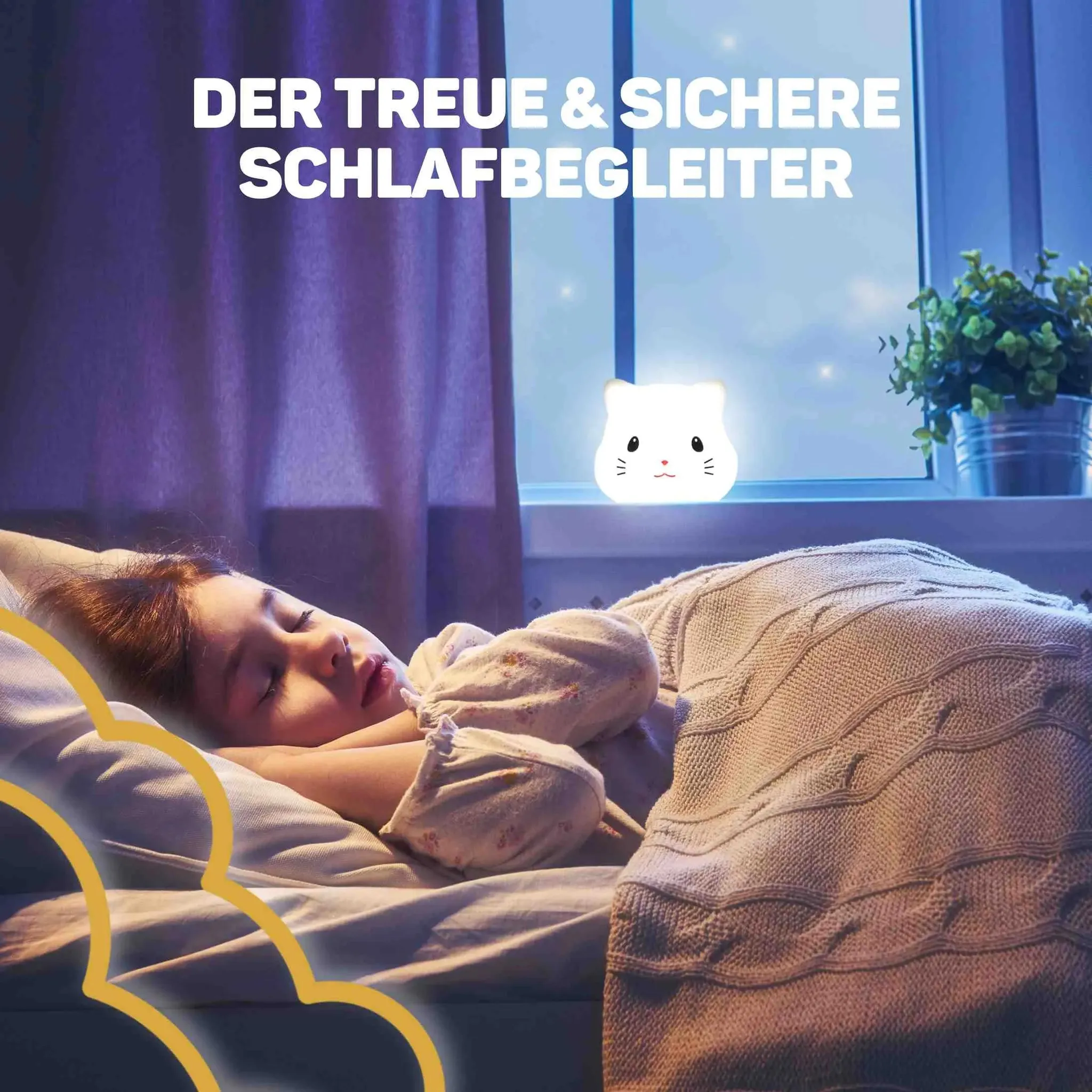 Ein Kind schläft friedlich im Bett, während eine weiße Katzen-Nachtleuchte auf der Fensterbank sanft strahlt.