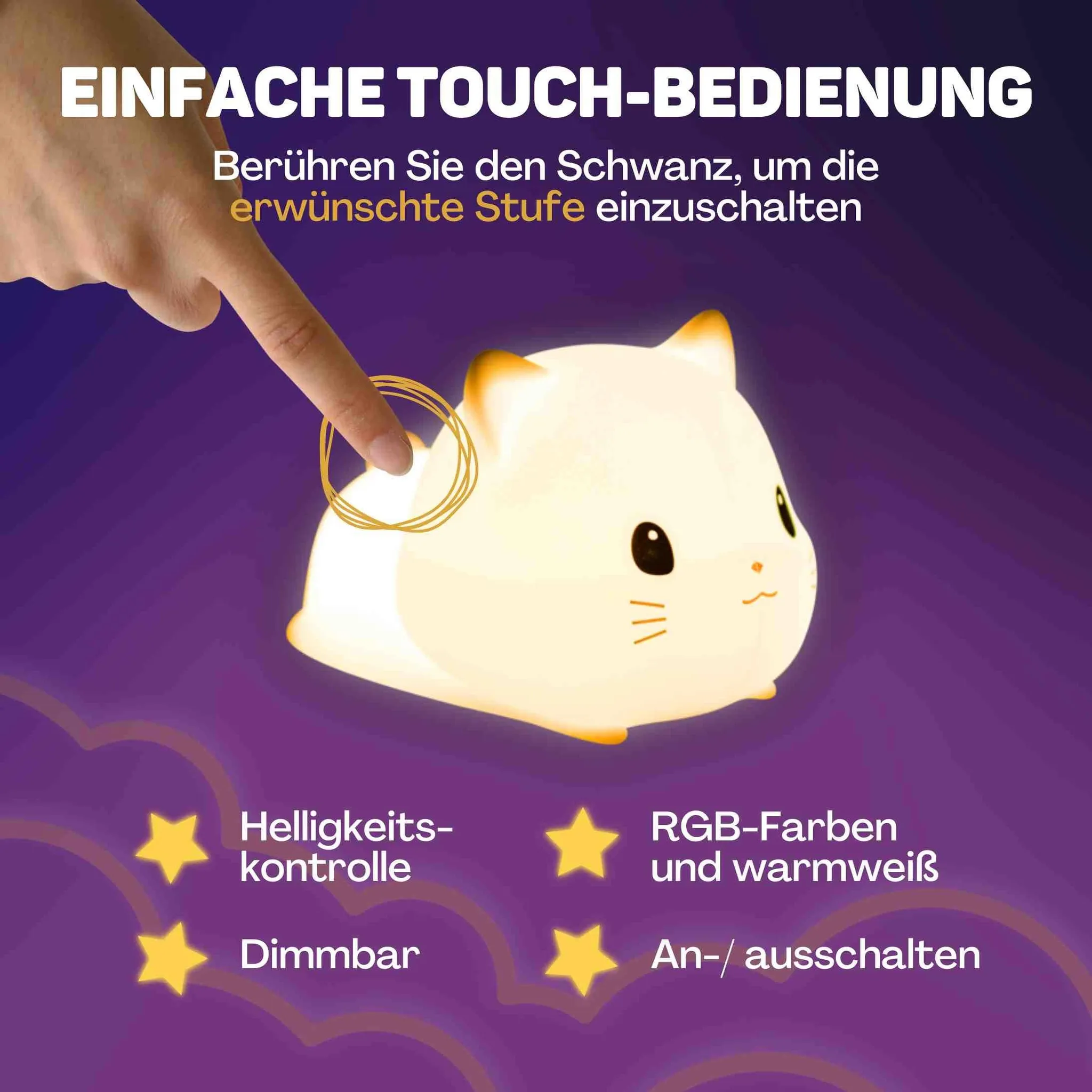 Eine Hand berührt eine weiße, leuchtende Katzen-Nachtlampe auf violettem Hintergrund mit Text.