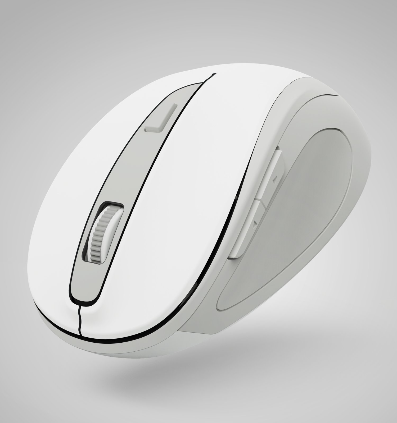 Eine weiße kabellose Computermaus mit grauem Scrollrad und Daumentasten vor grauem Hintergrund.