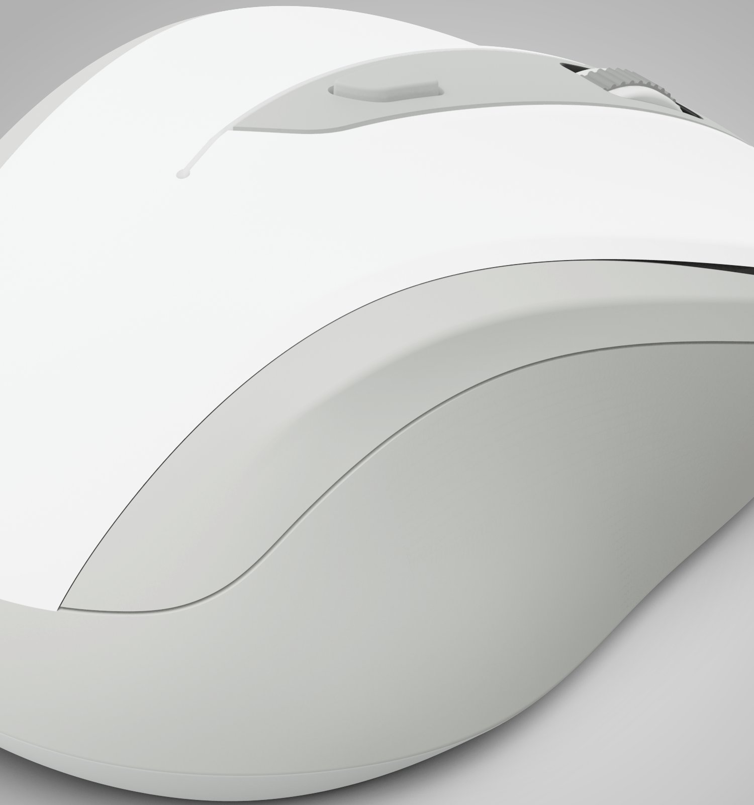Nahaufnahme einer ergonomisch geformten weißen Computermaus mit grauen Akzenten auf einem hellen Hintergrund.