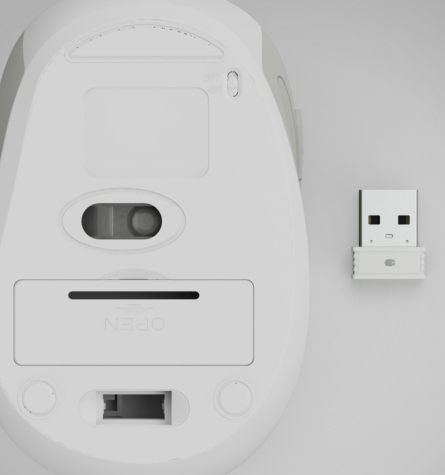 Unterseite einer weißen Computermaus mit Sensor und USB-Empfänger daneben.