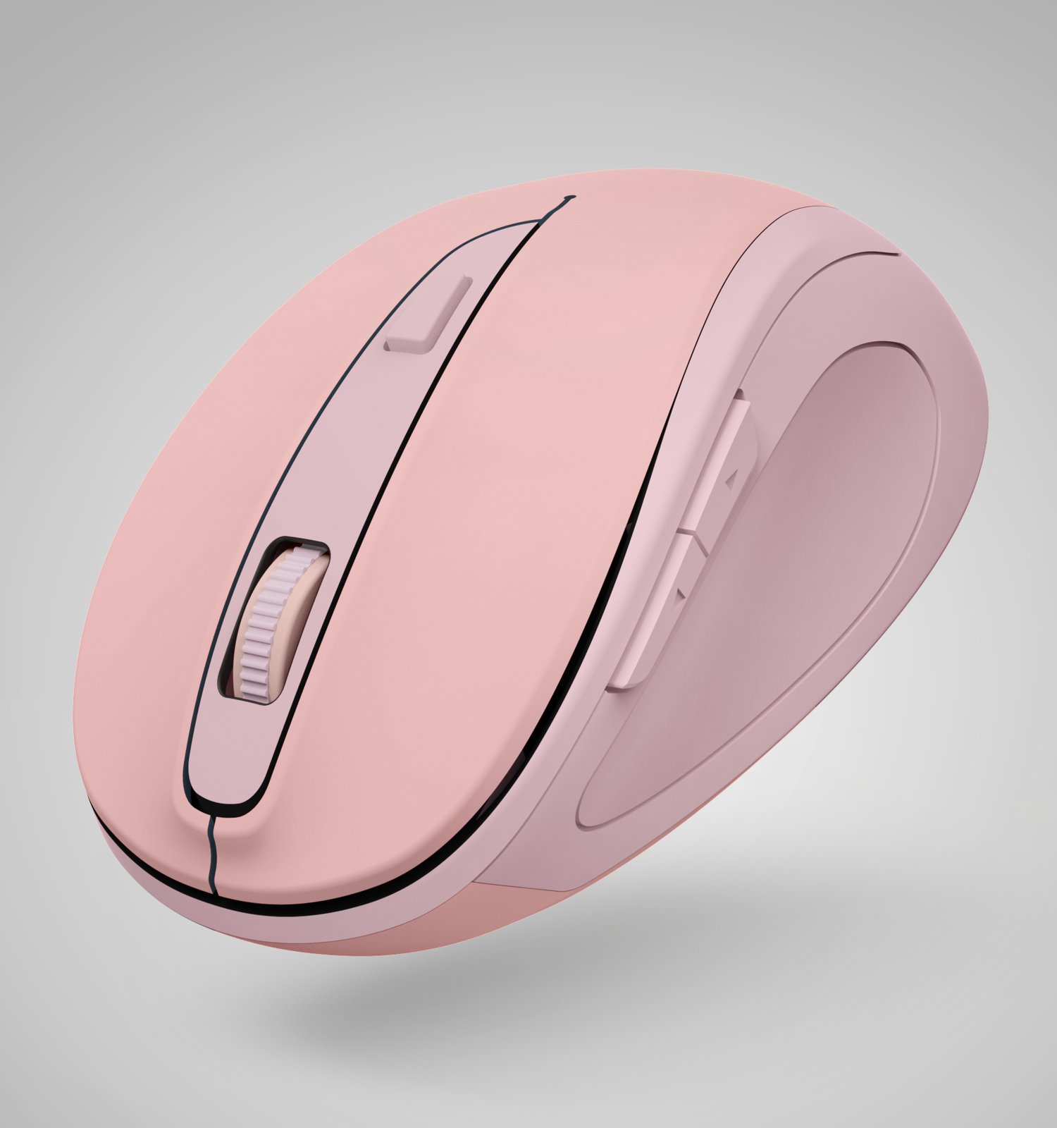 Eine matte rosa kabellose Computermaus mit Scrollrad und Seitentasten auf hellgrauem Hintergrund.