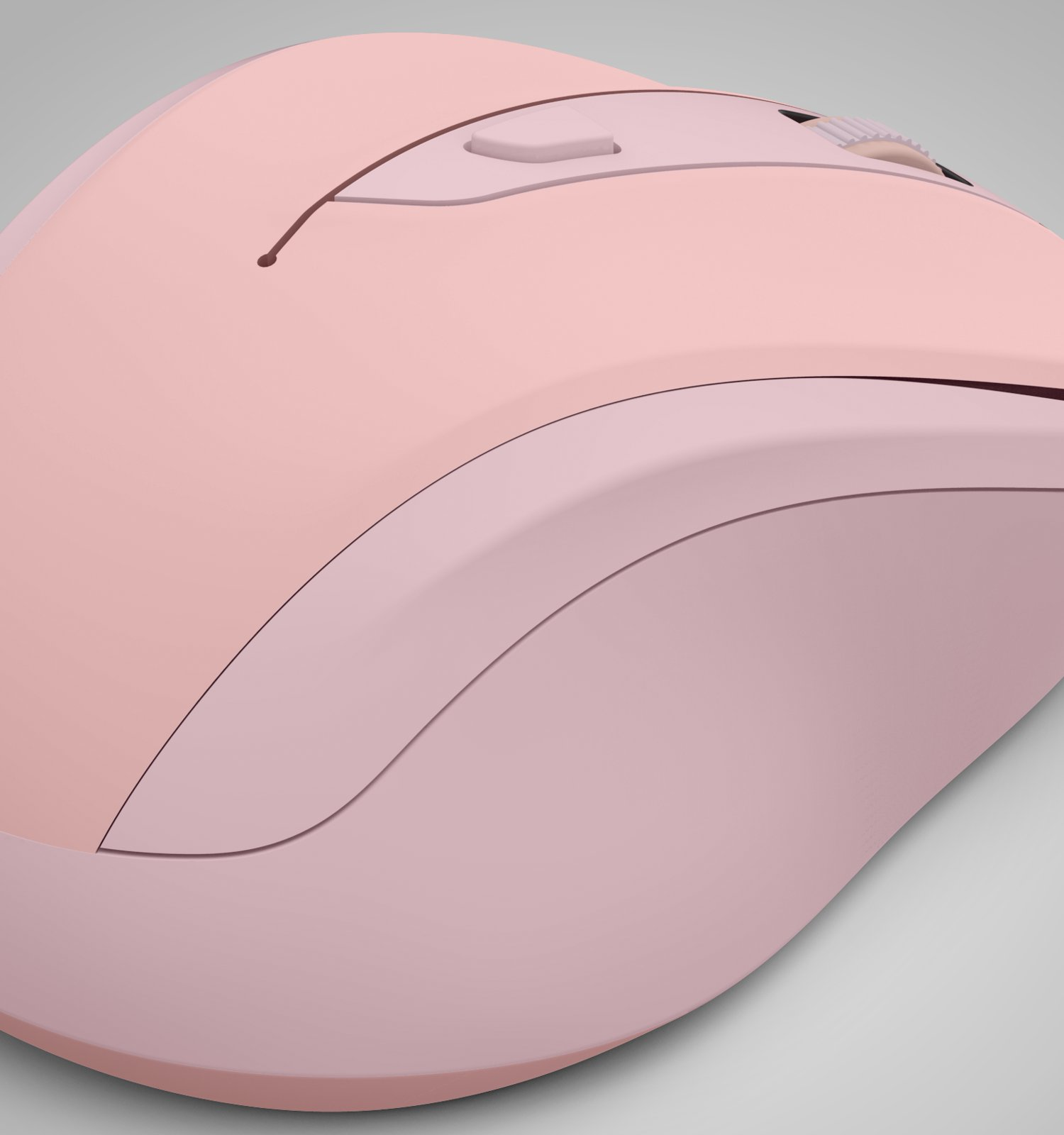 Eine matte, rosa Computermaus auf hellem Hintergrund.