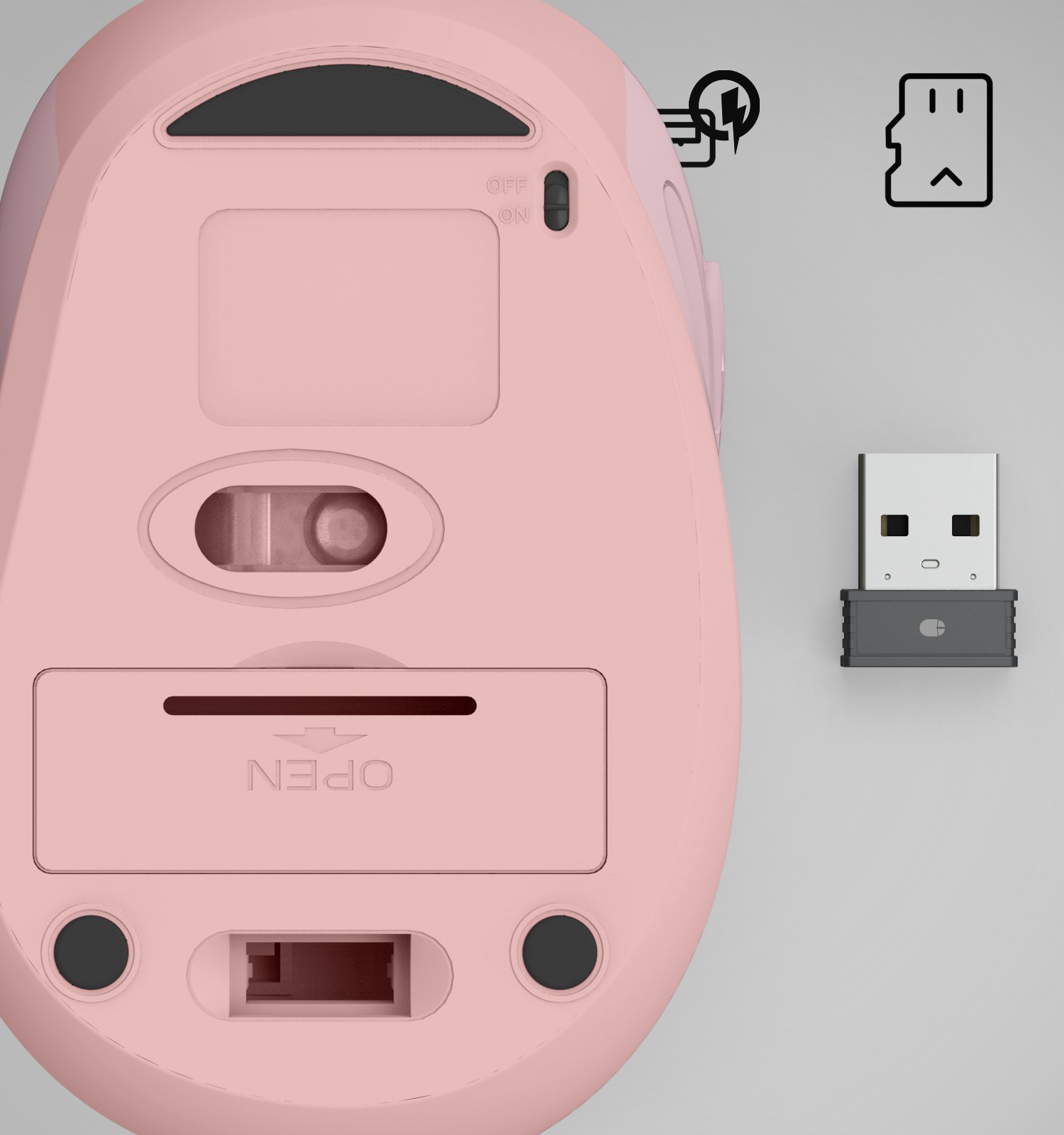 Unterseite einer rosa Computermaus mit Ein-Aus-Schalter und USB-Empfänger daneben.