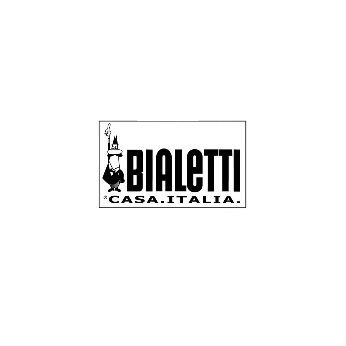 Logo bianco e nero di Bialetti con un uomo coi baffi e la scritta CASA.ITALIA.