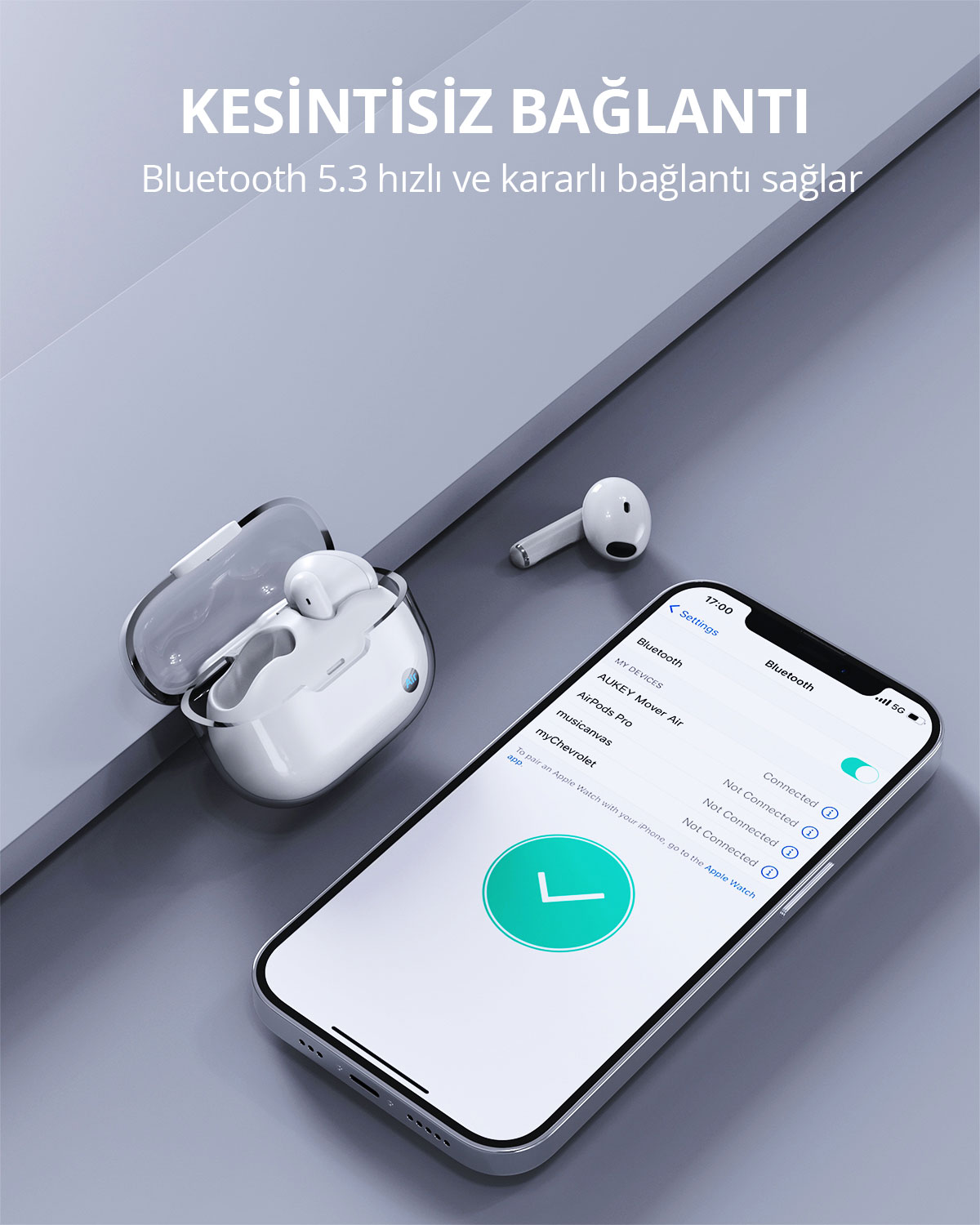 Kutuda beyaz kulaklıklar ve Bluetooth ayarlarını gösteren akıllı telefon.
