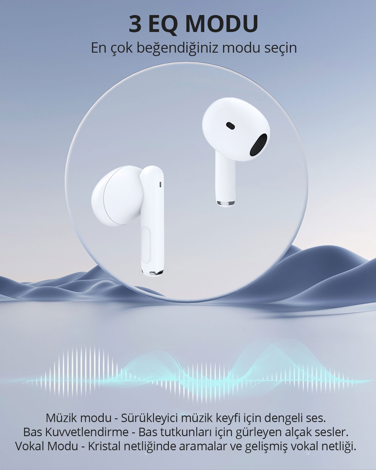 Dalga grafikleri ve Türkçe metin içeren parlayan çember içinde beyaz kulaklıklar.