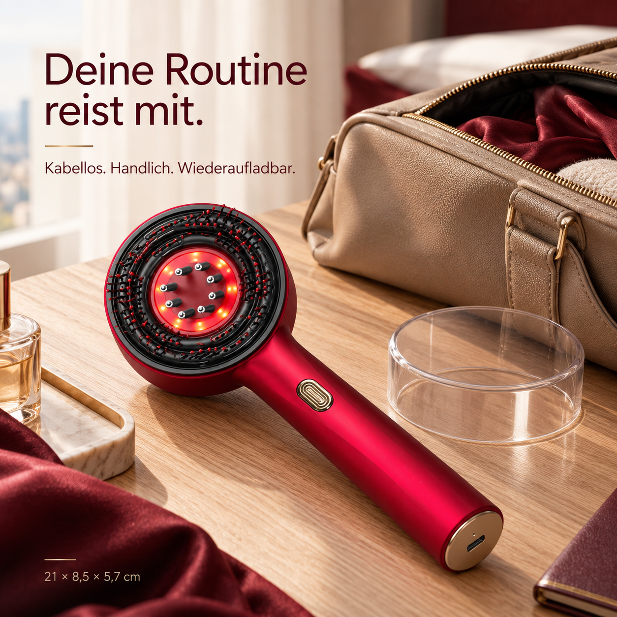 Eine rote Haarbürste mit LED-Licht auf einem Holztisch neben einer Tasche und deutschem Werbetext.