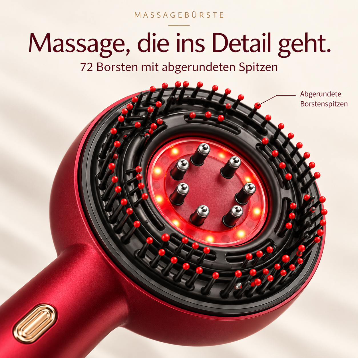 Nahaufnahme eines roten Massagebürstenkopfes mit schwarzen Borsten, roten Spitzen und Metallnoppen.