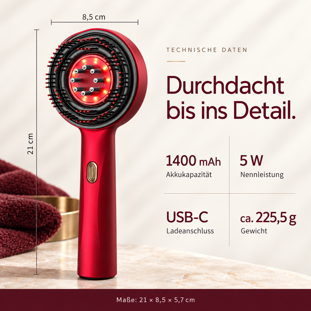Rote Haarbürste mit LED-Licht und technischen Daten wie Maßen, 1400 mAh Akku und USB-C.