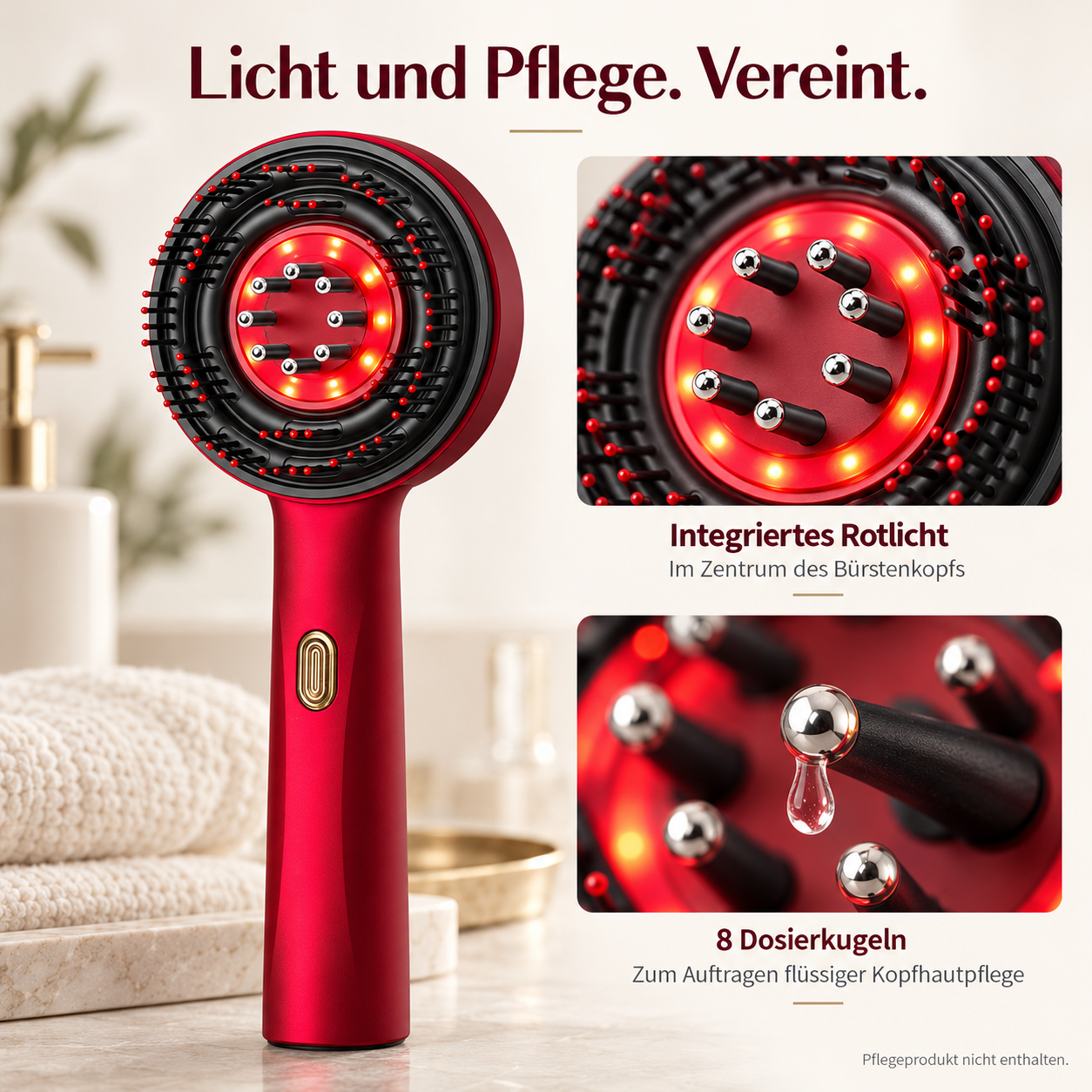 Rote Kopfhautbürste mit Rotlicht und 8 Dosierkugeln im Badezimmer.