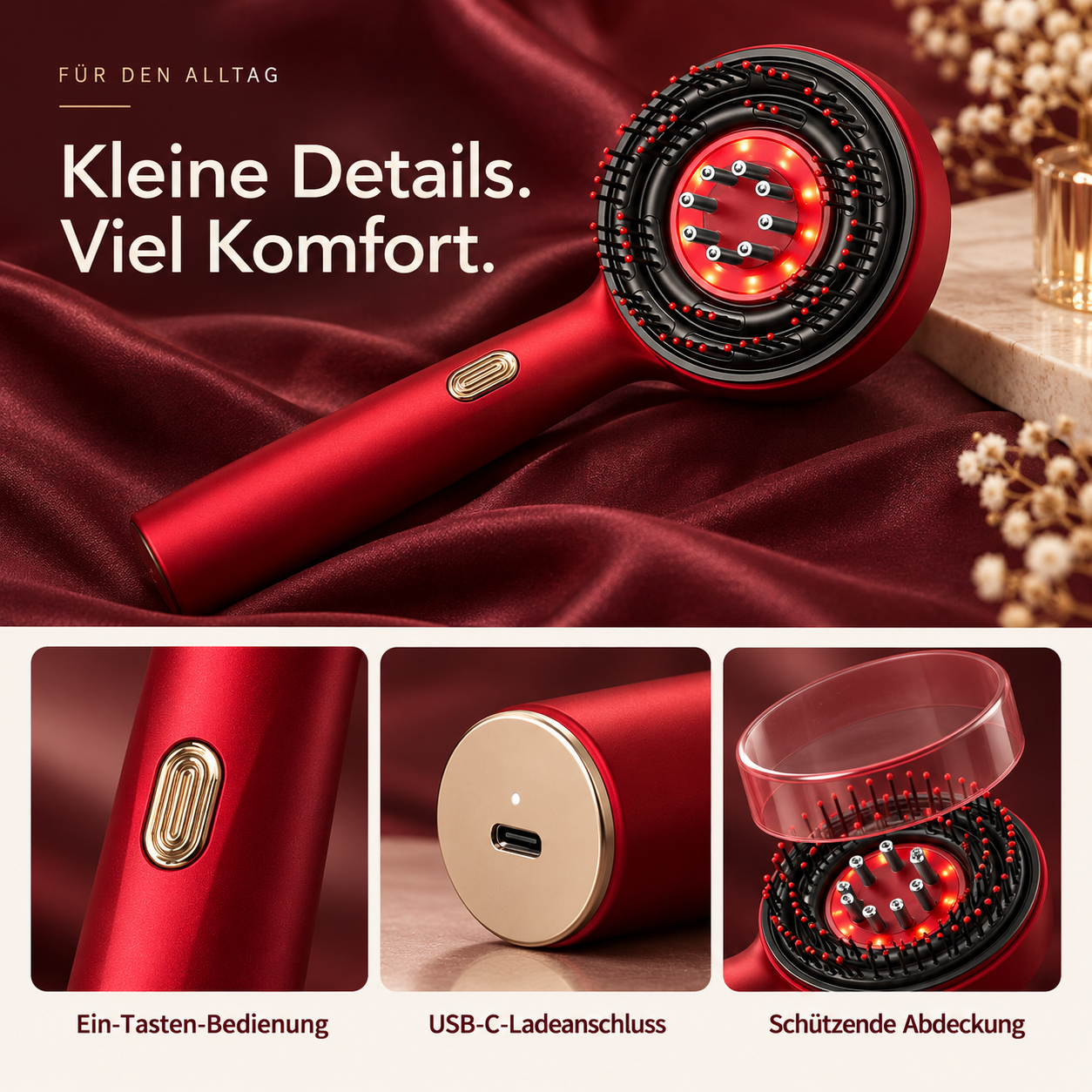 Rote elektrische Haarbuerste auf Seide mit Detailbildern von Knopf, USB-C Anschluss und Abdeckung.