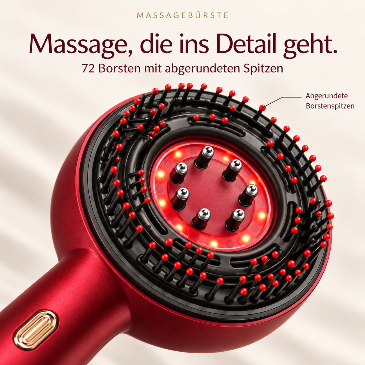 Rote Massagebürste mit 72 Borsten mit runden Spitzen und rot leuchtender Mitte.