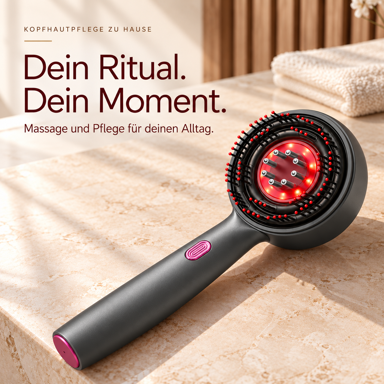 Schwarze Kopfhautmassagebürste mit rotem Licht und Text auf beigem Hintergrund.