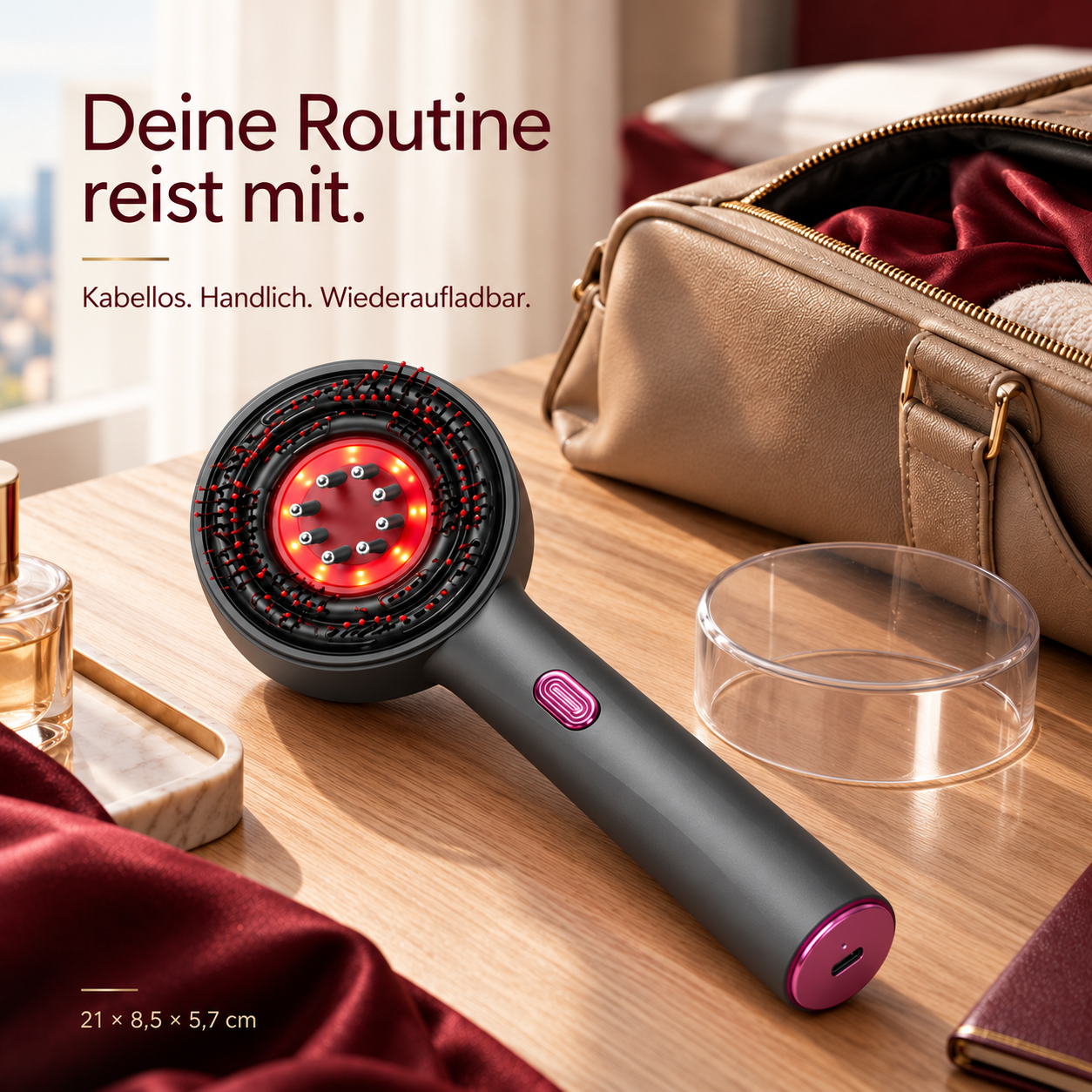 Eine graue Haarbürste mit roten Lichtern auf einem Holztisch, neben einer Reisetasche und Text.
