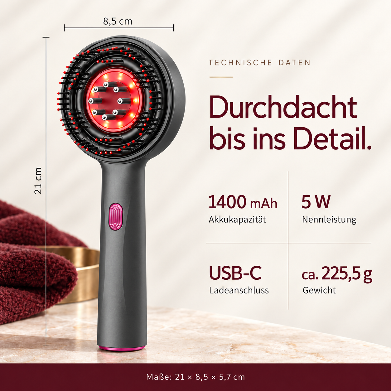 Eine graue Handhaarbürste mit Rotlichttherapie, Abmessungen und technischen Daten rechts.