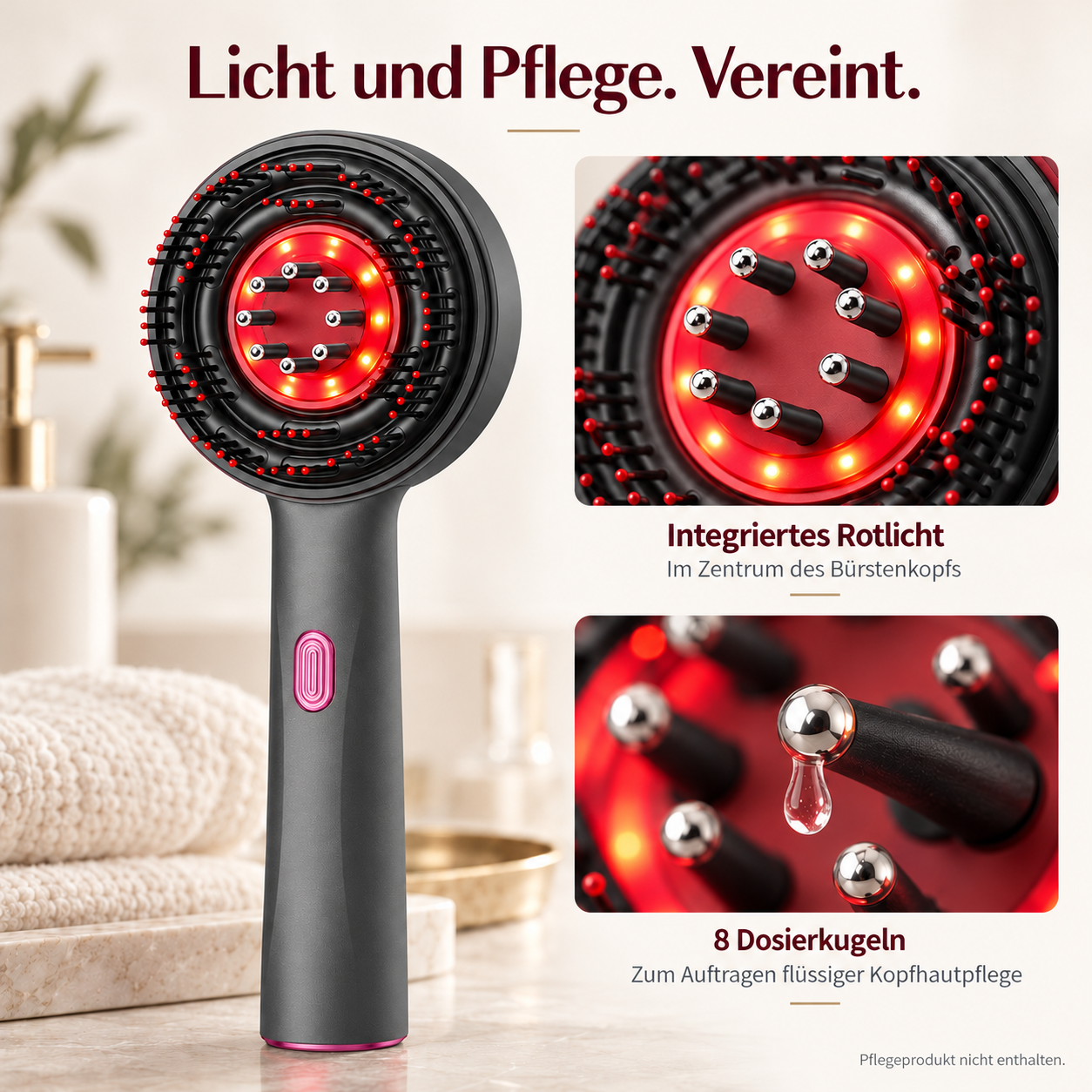 Eine schwarze Kopfhautpflegebürste mit Rotlicht und Dosierkugeln für Flüssigkeiten.