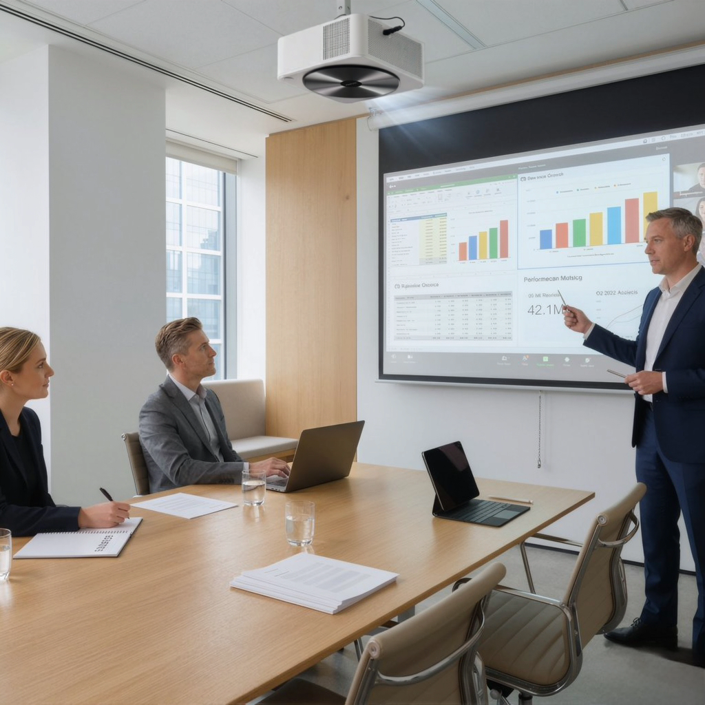 Presenter points to charts on a projection screen before two colleagues in a bright meeting room.