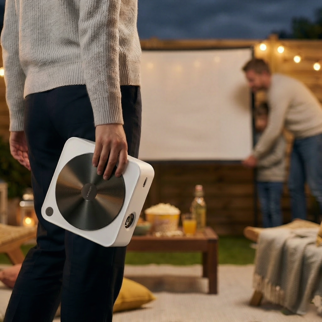 A person holds a white projector outdoors, with a man and child setting up a screen in the background.