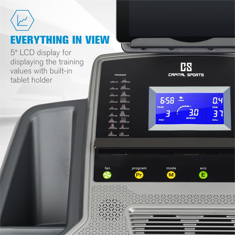 Console per attrezzi fitness con schermo LCD blu e pulsanti.