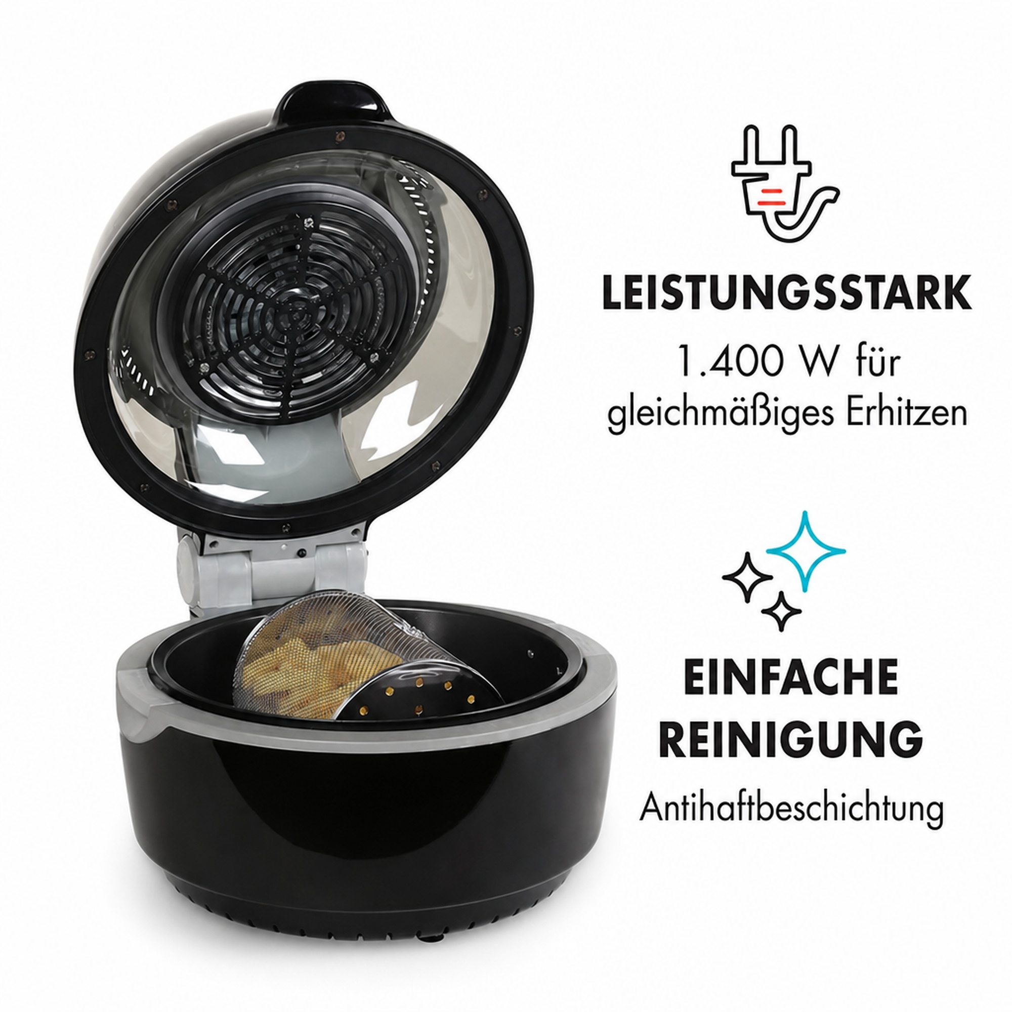 Offene schwarze Heißluftfritteuse mit Frittierkorb und Werbetext rechts.