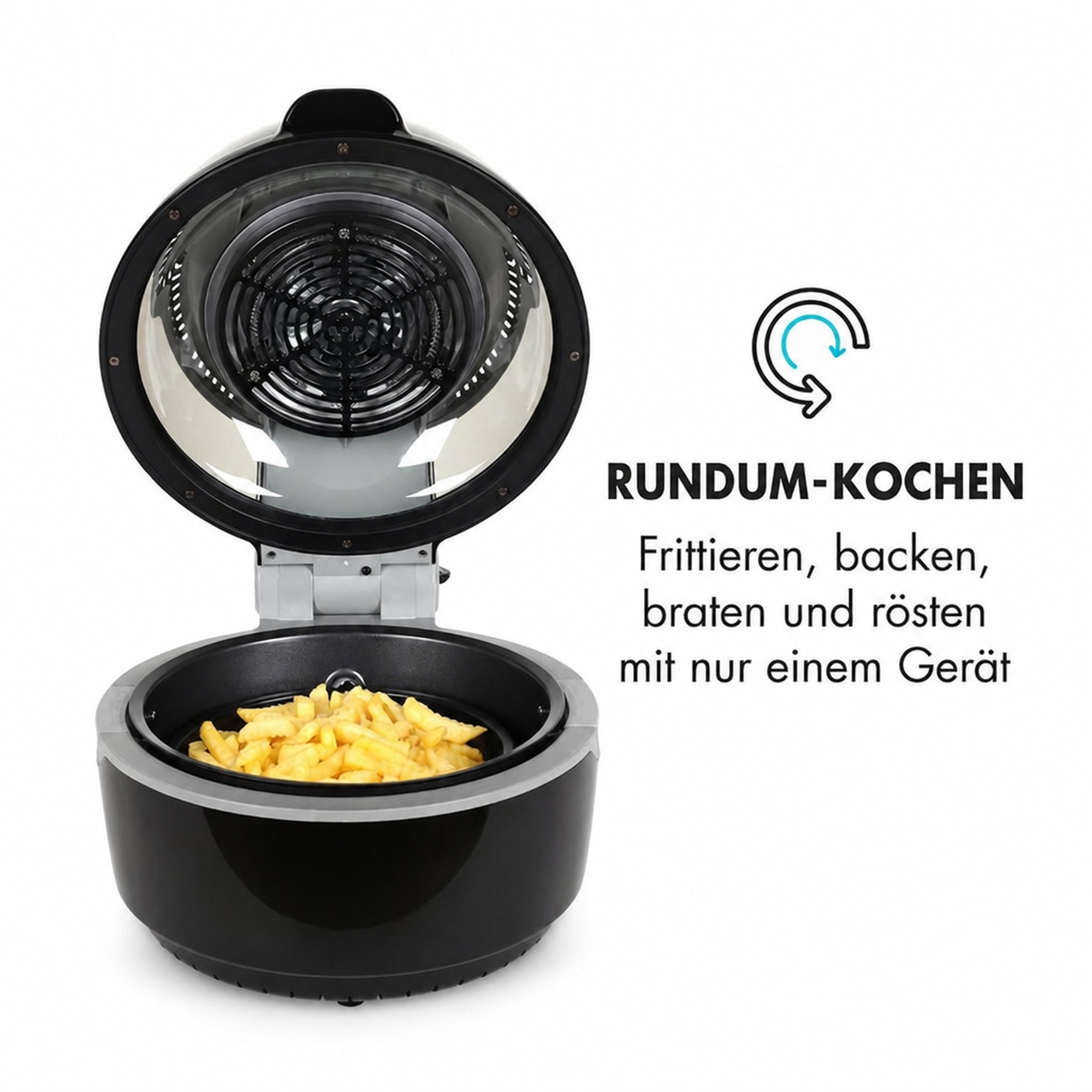 Offene Heißluftfritteuse mit Pommes frites und Werbetext daneben.