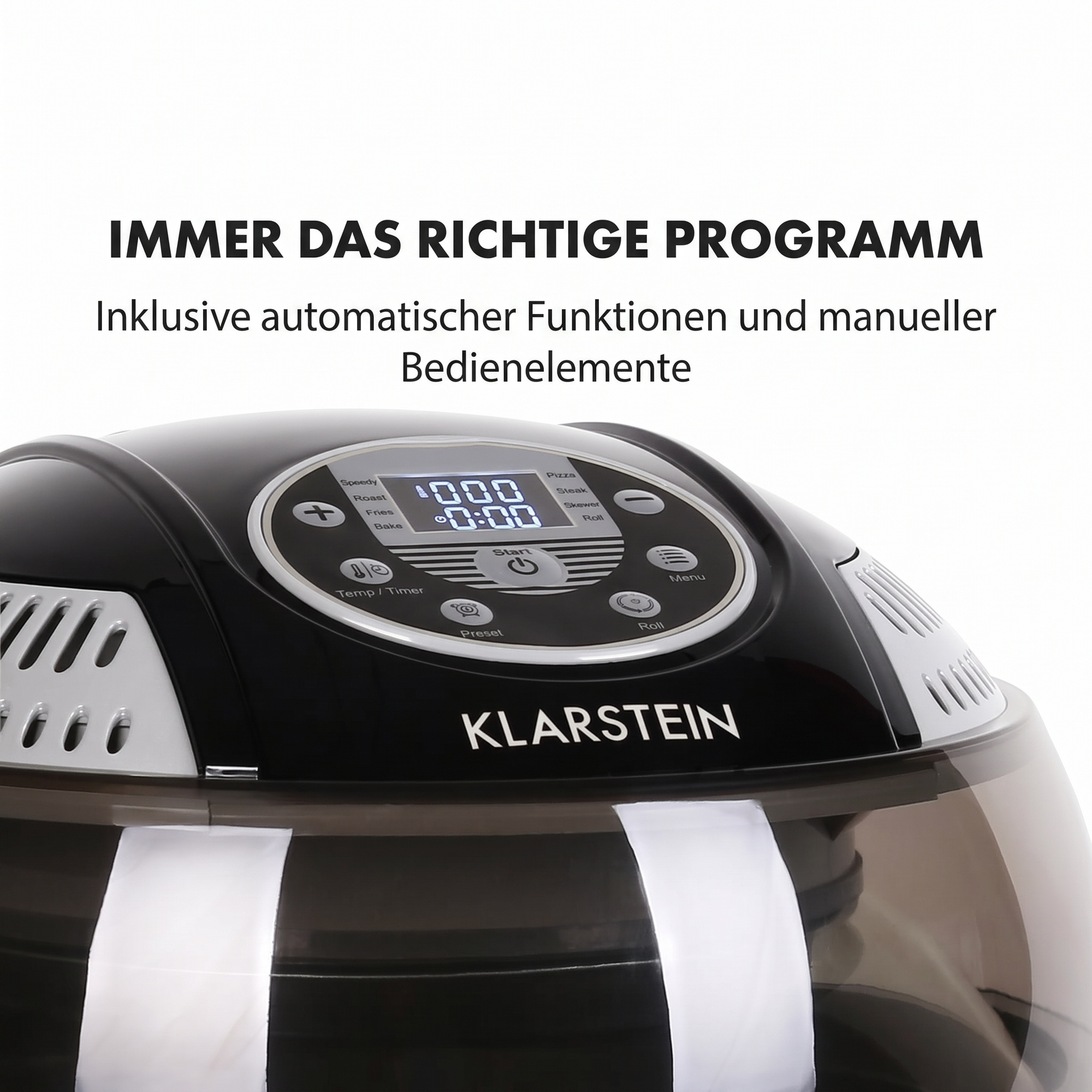 Klarstein Heißluftfritteuse mit digitalem Display, Tasten und weißem Text oben auf weißem Hintergrund.