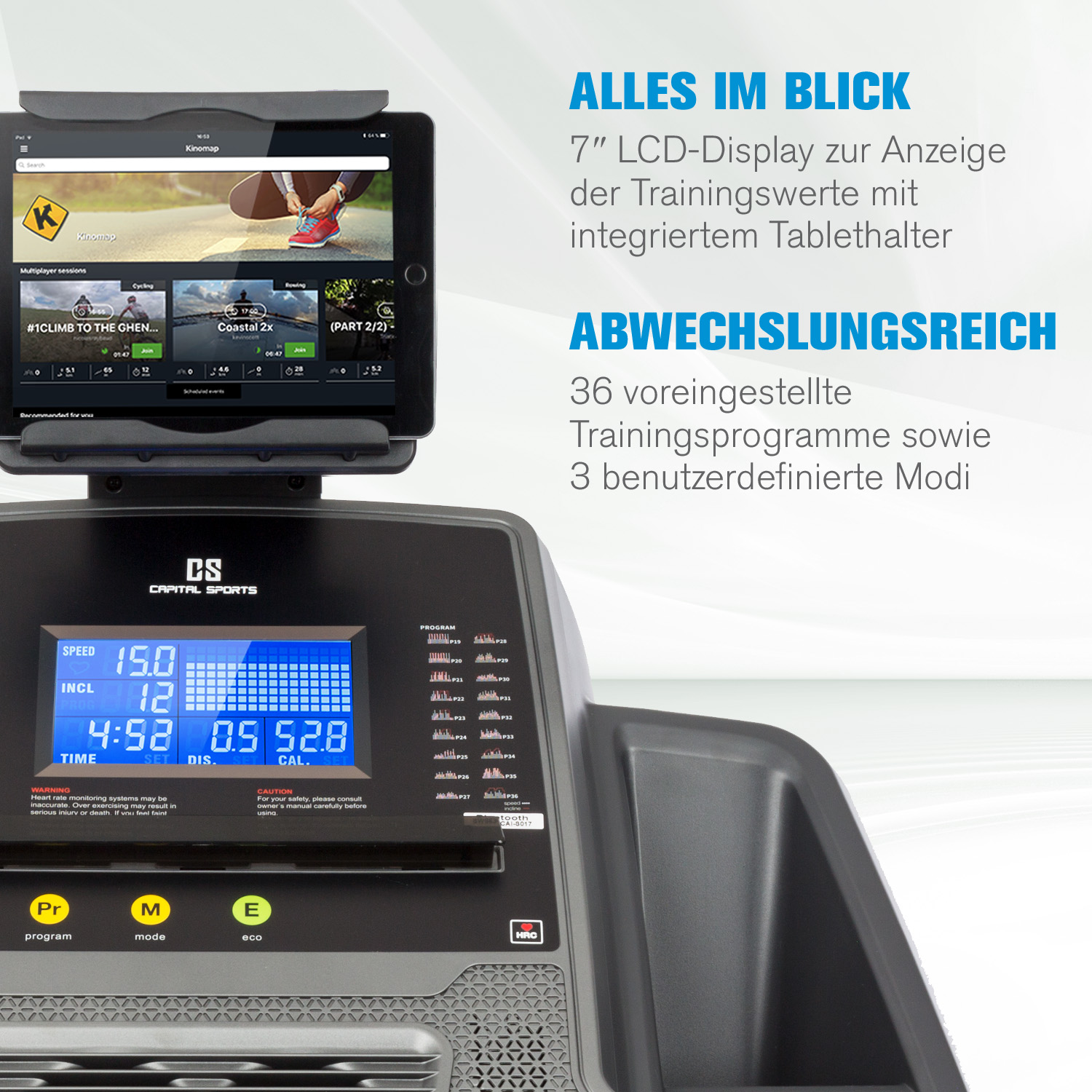 Console per tapis roulant con schermo LCD blu, supporto per tablet e testo in tedesco.