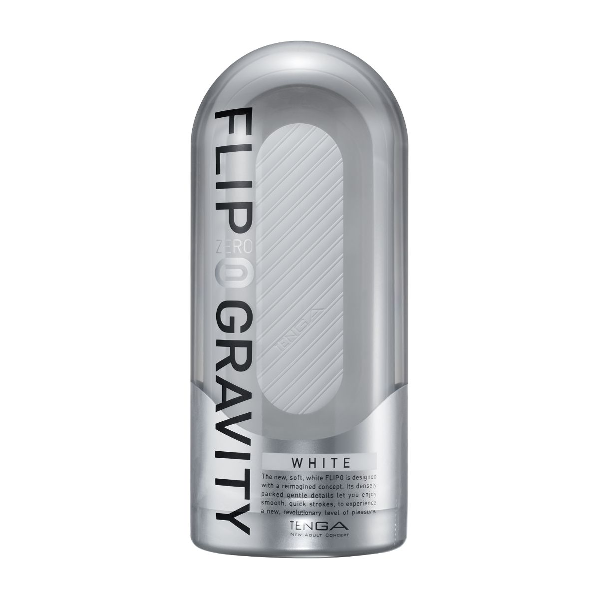 Eine graue Kapsel mit weißem Einsatz, schwarzem Text FLIP ZERO GRAVITY WHITE und Produktbeschreibung auf einem weißen Hintergrund.
