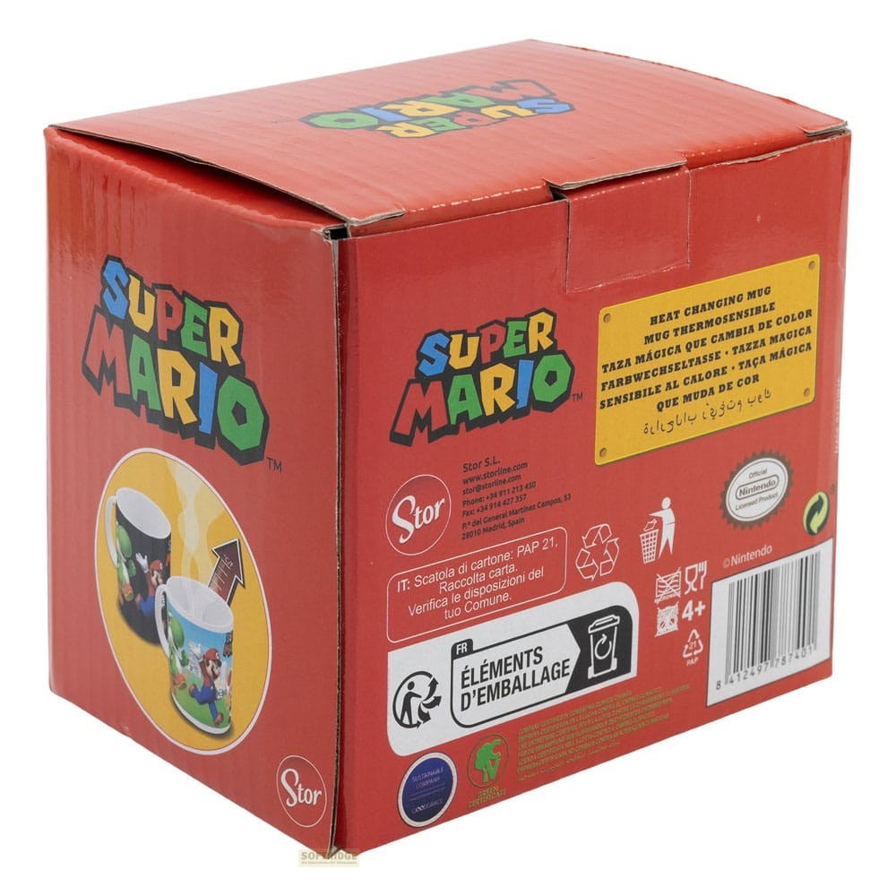 Caja de cartón roja de Super Mario con logotipo, imágenes de la taza y detalles del producto.