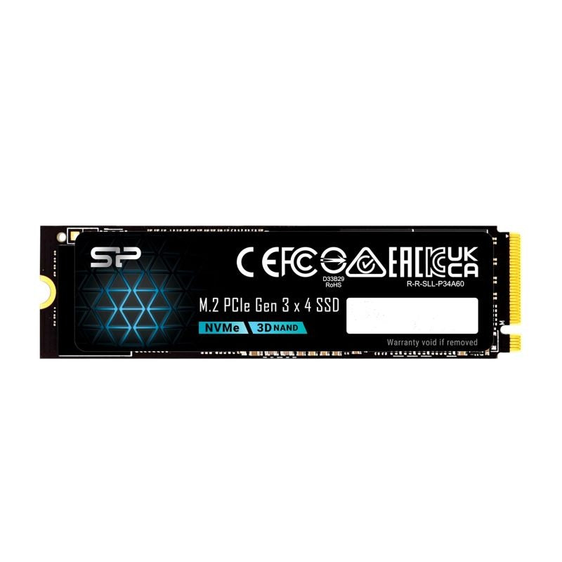 Black M.2 PCIe Gen 3 x 4 NVMe SSD with blue geometric pattern and various certification logos.