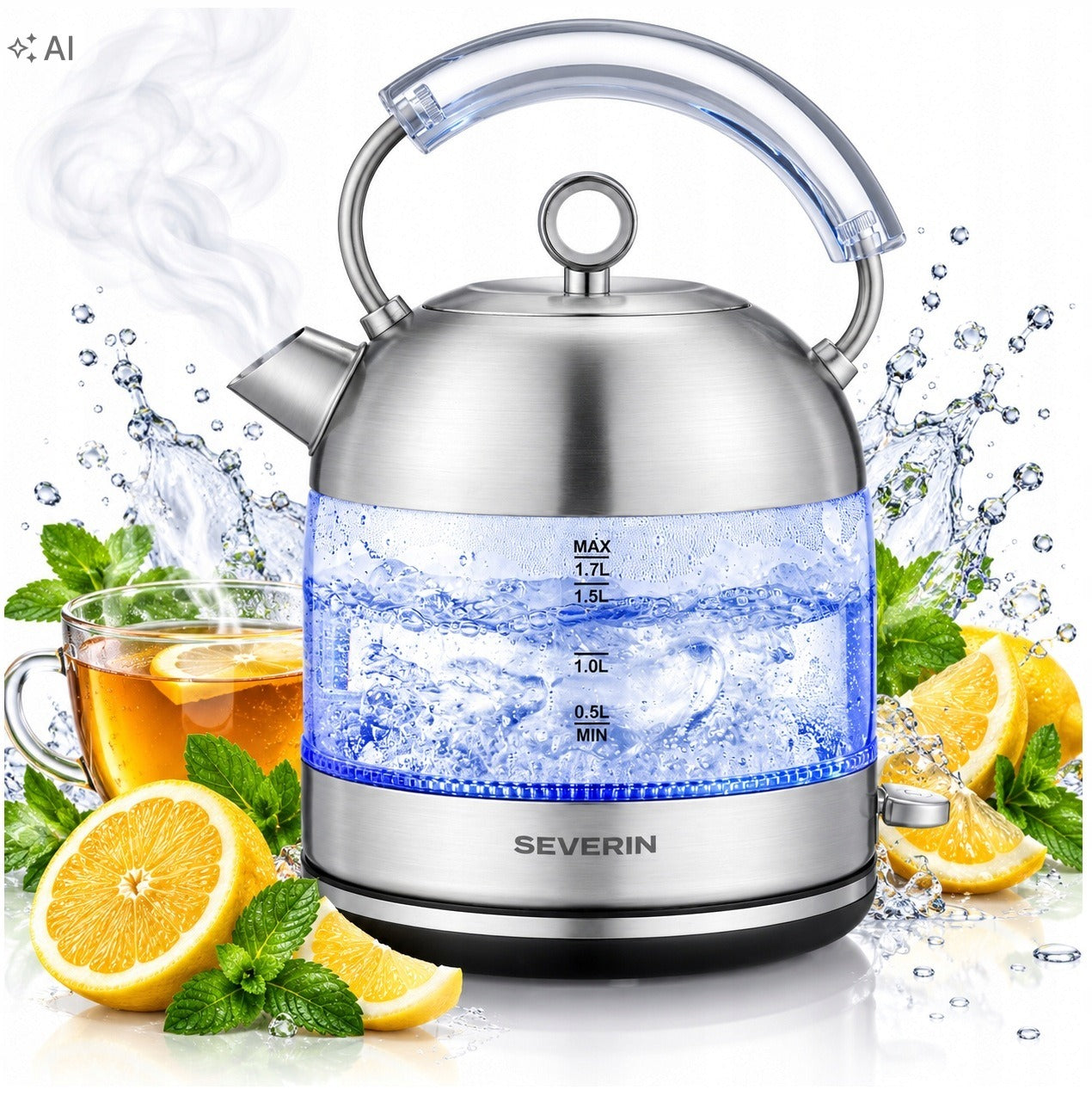 Glühender Wasserkocher aus Edelstahl mit Wasser, umgeben von Zitronen, Minze und Wasserspritzern.