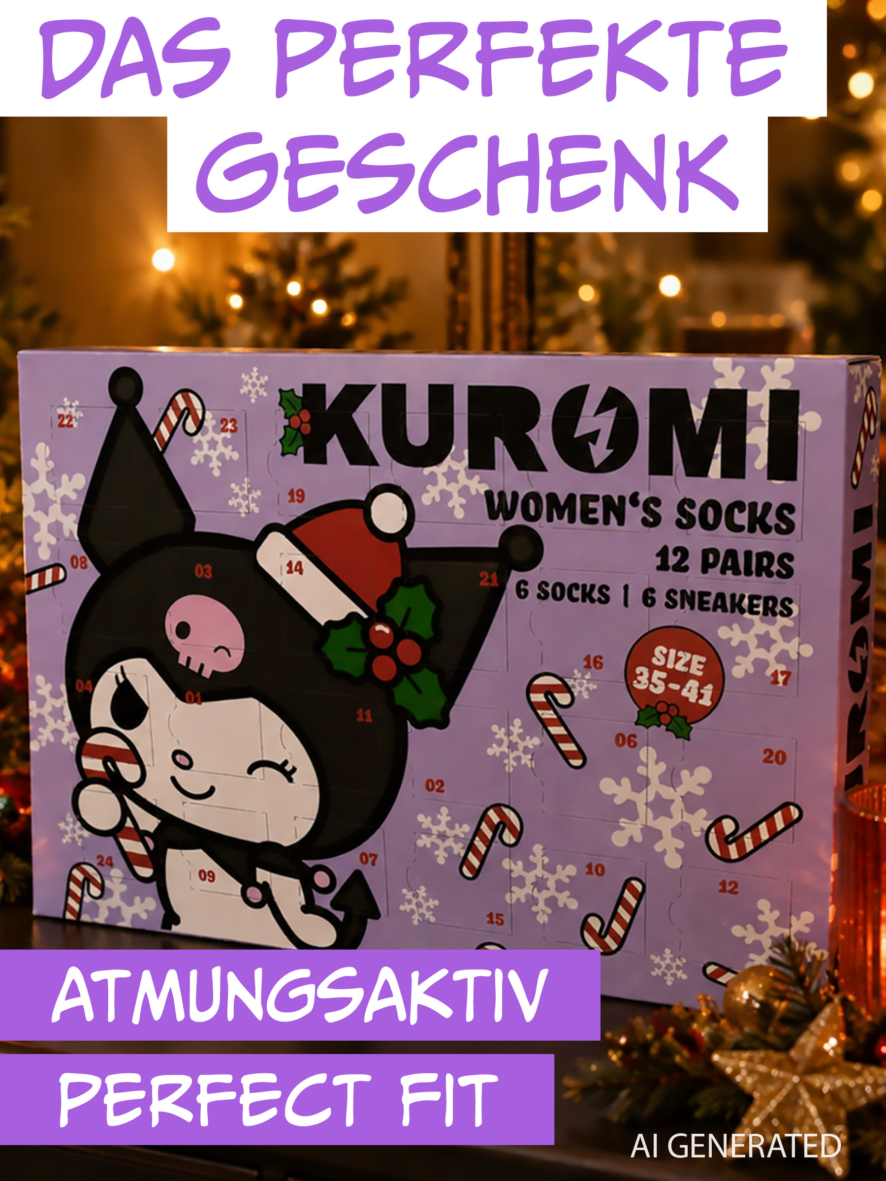 Lila Kuromi Adventskalender für Damensocken mit Weihnachtsmotiv vor unscharfem Hintergrund.