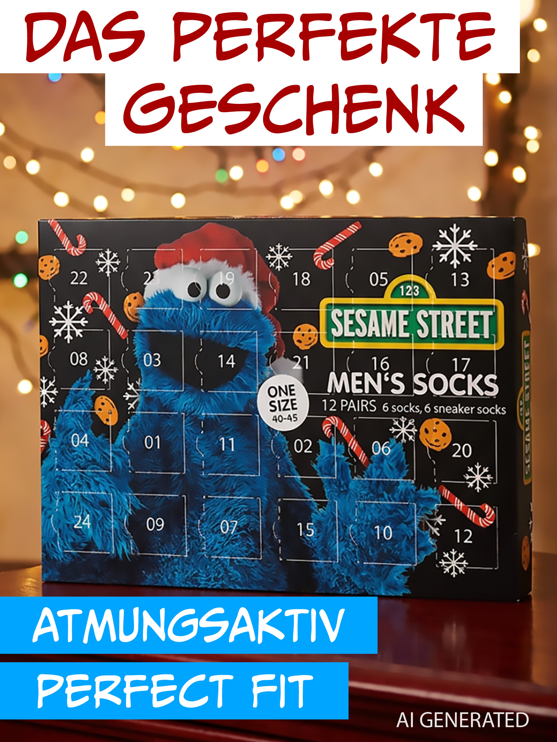 Sesame Street Krümelmonster Socken Adventskalender auf einem Tisch mit Lichterketten.