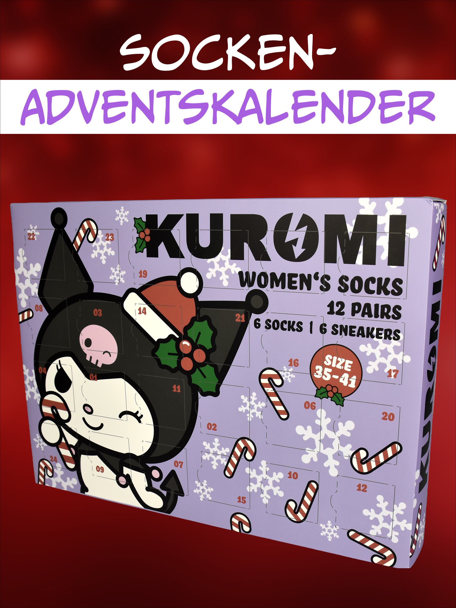 Ein lila Kuromi Socken-Adventskalender mit Weihnachtsmotiven, Schneeflocken und nummerierten Türchen auf rotem Grund.