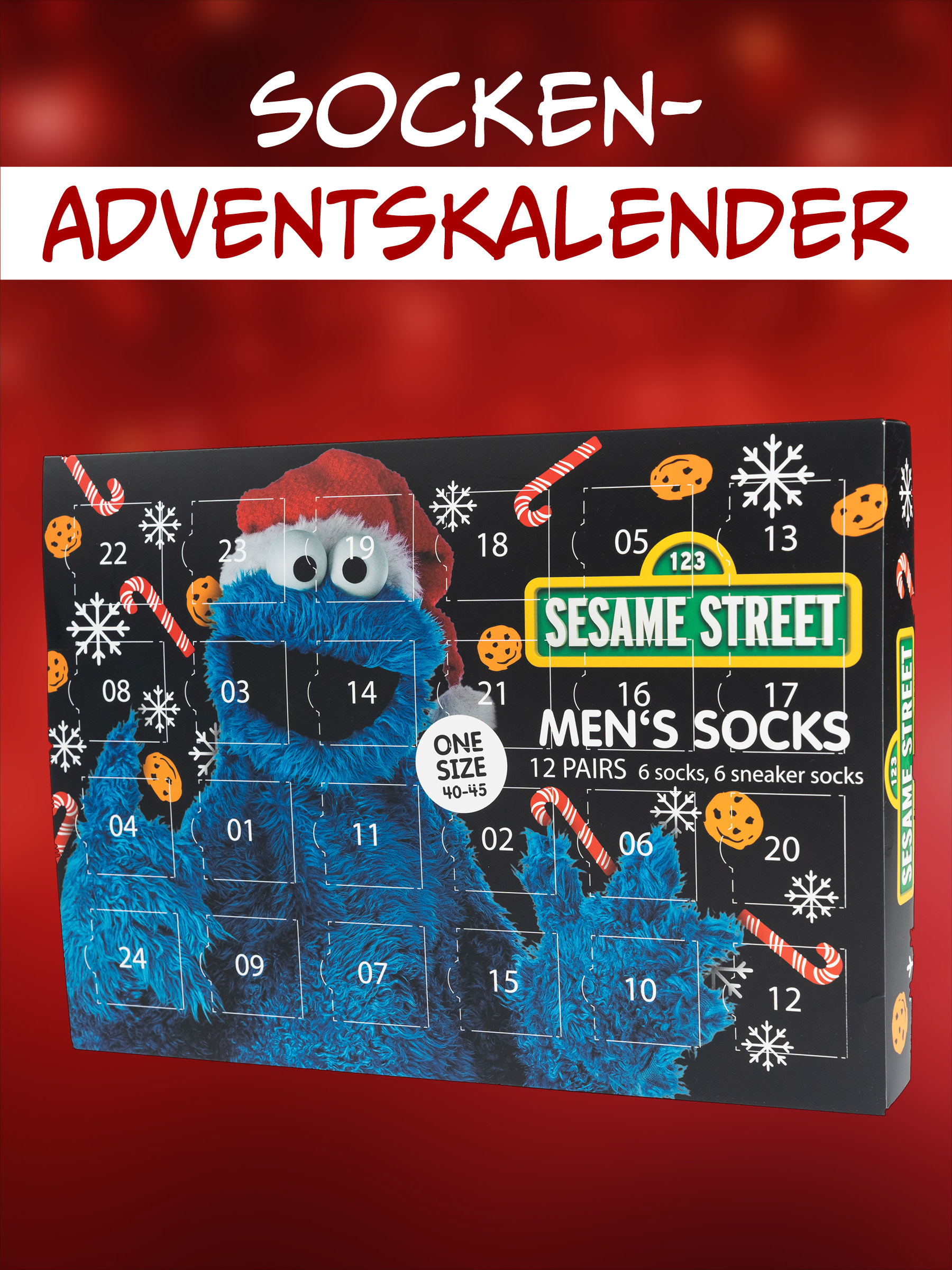 Sesamstraße Socken-Adventskalender mit Krümelmonster in Weihnachtsmütze vor rotem Hintergrund.