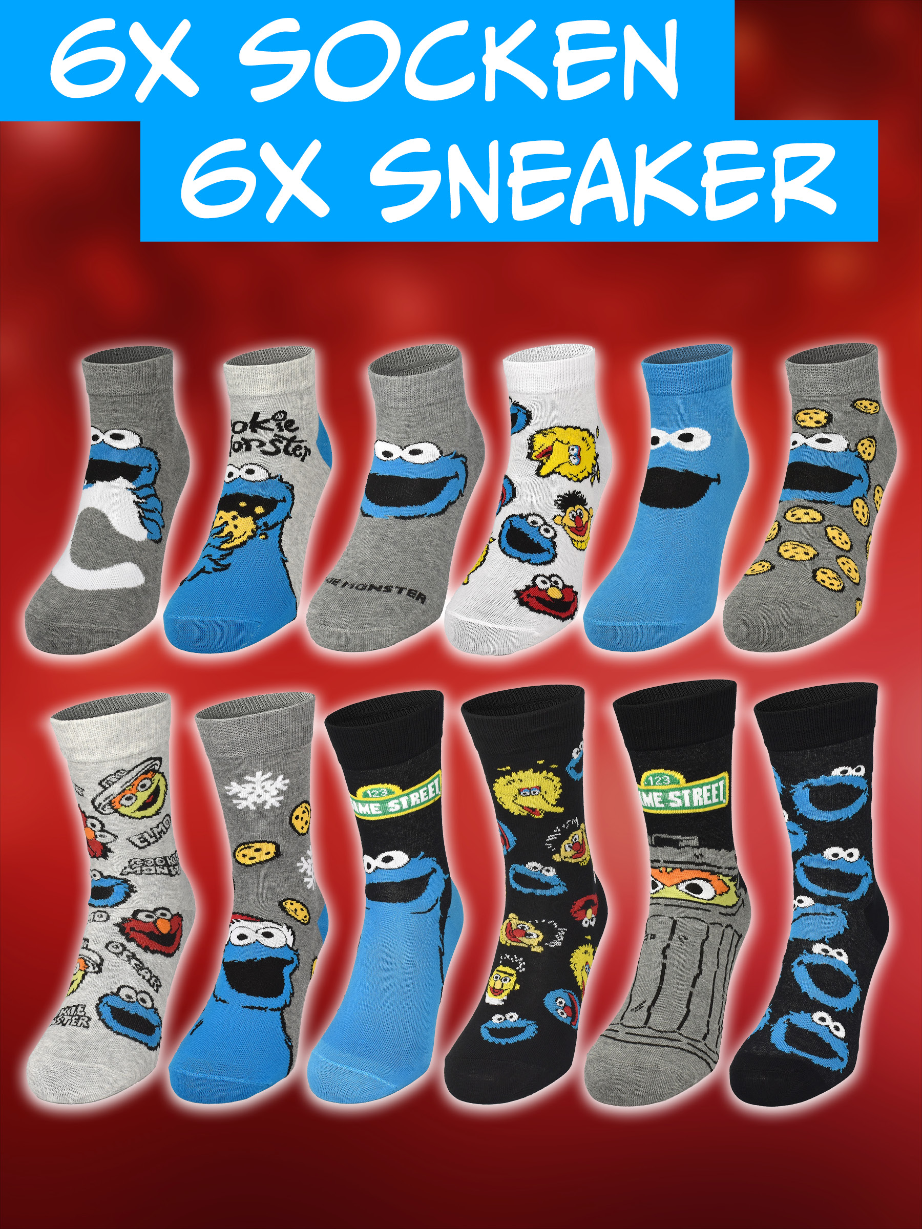 Zwölf bunte Socken mit Sesamstraßen-Motiven wie Krümelmonster und Elmo gegen roten Hintergrund.